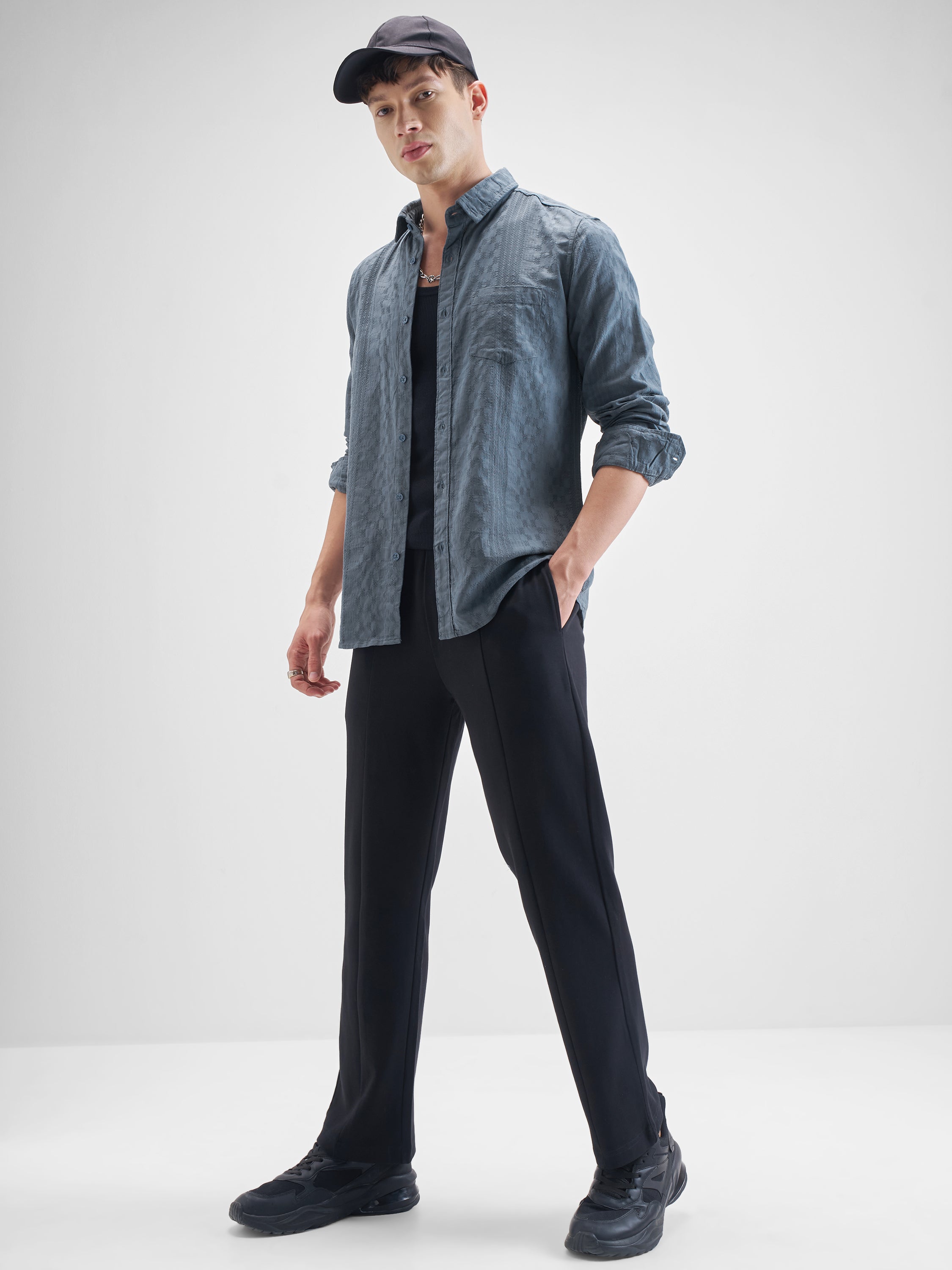 Highlander Men Blue Self Design Slim Fit Casual Shirt - Blue - Image 2