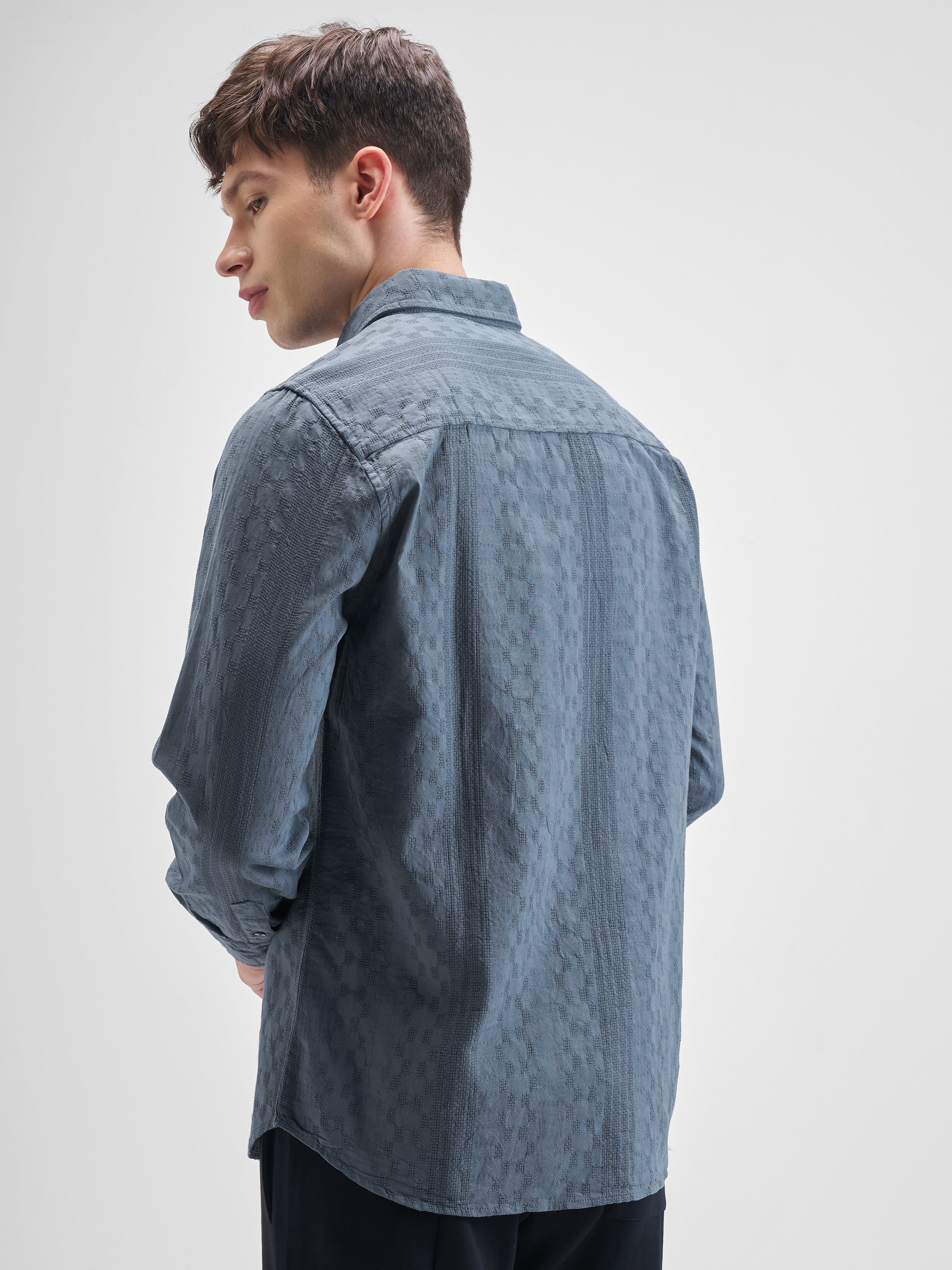Highlander Men Blue Self Design Slim Fit Casual Shirt - Blue - Image 3