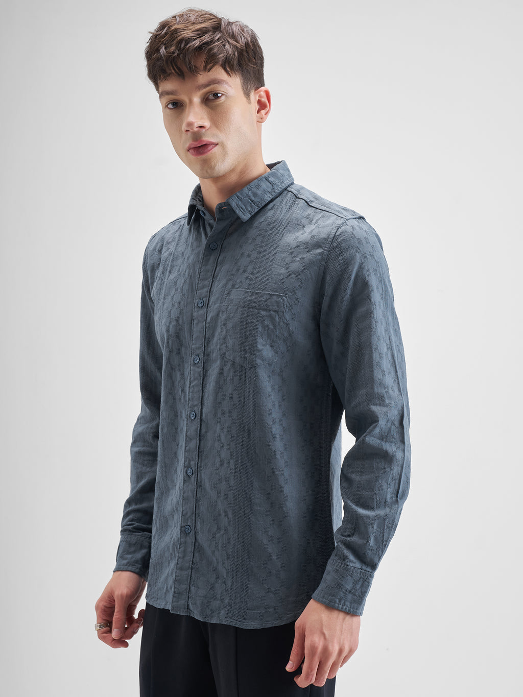 Highlander Men Blue Self Design Slim Fit Casual Shirt - Blue - Image 4