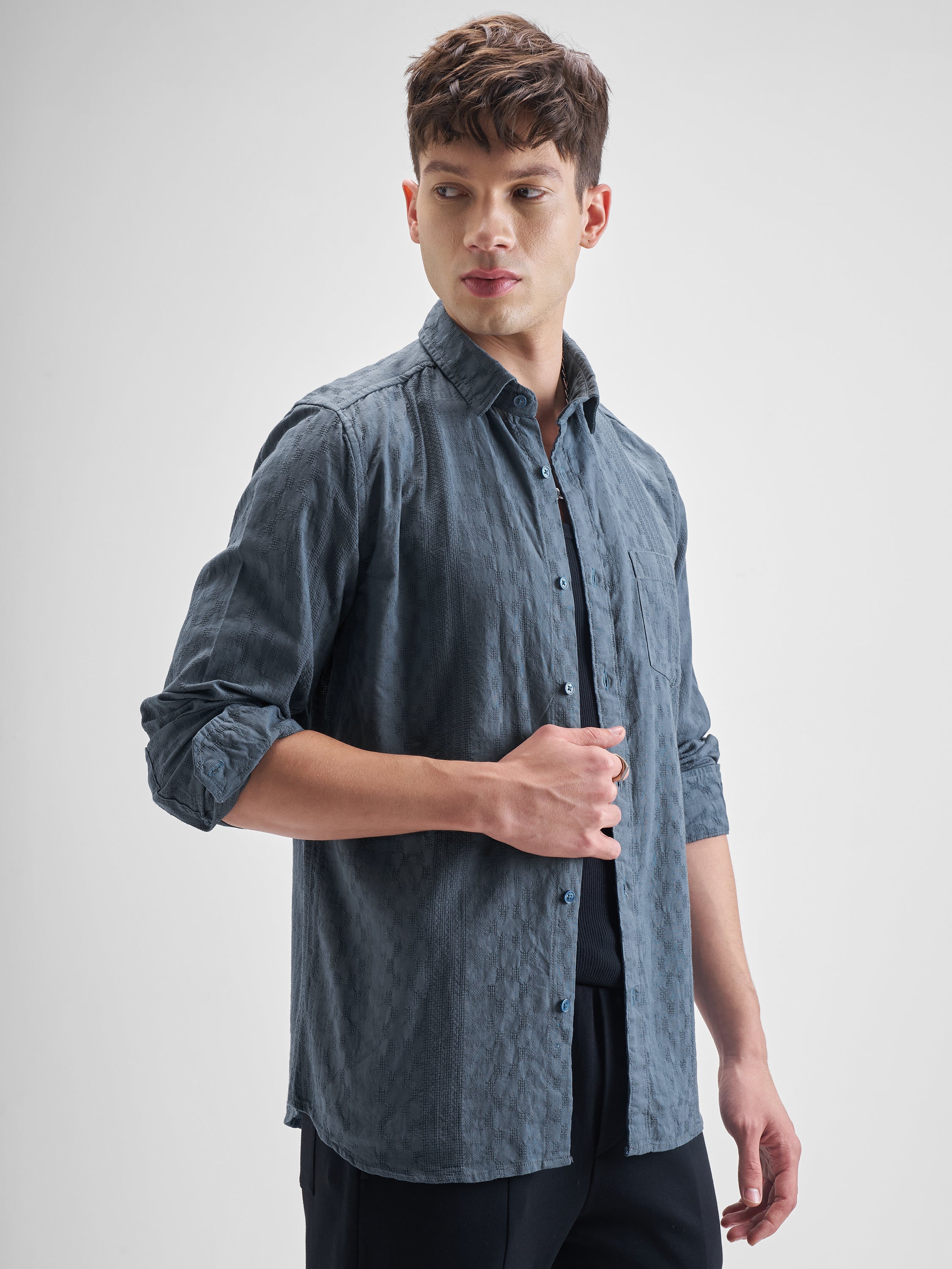 Highlander Men Blue Self Design Slim Fit Casual Shirt - Blue - Image 6