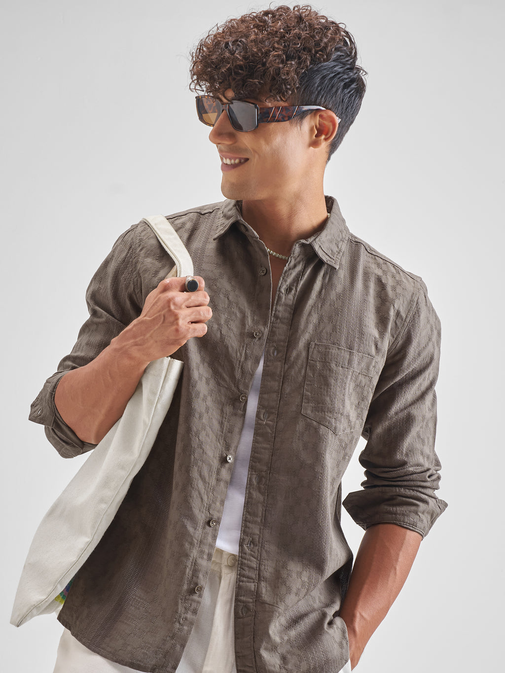Highlander Men Khaki Self Design Slim Fit Casual Shirt - Khaki - Image 1