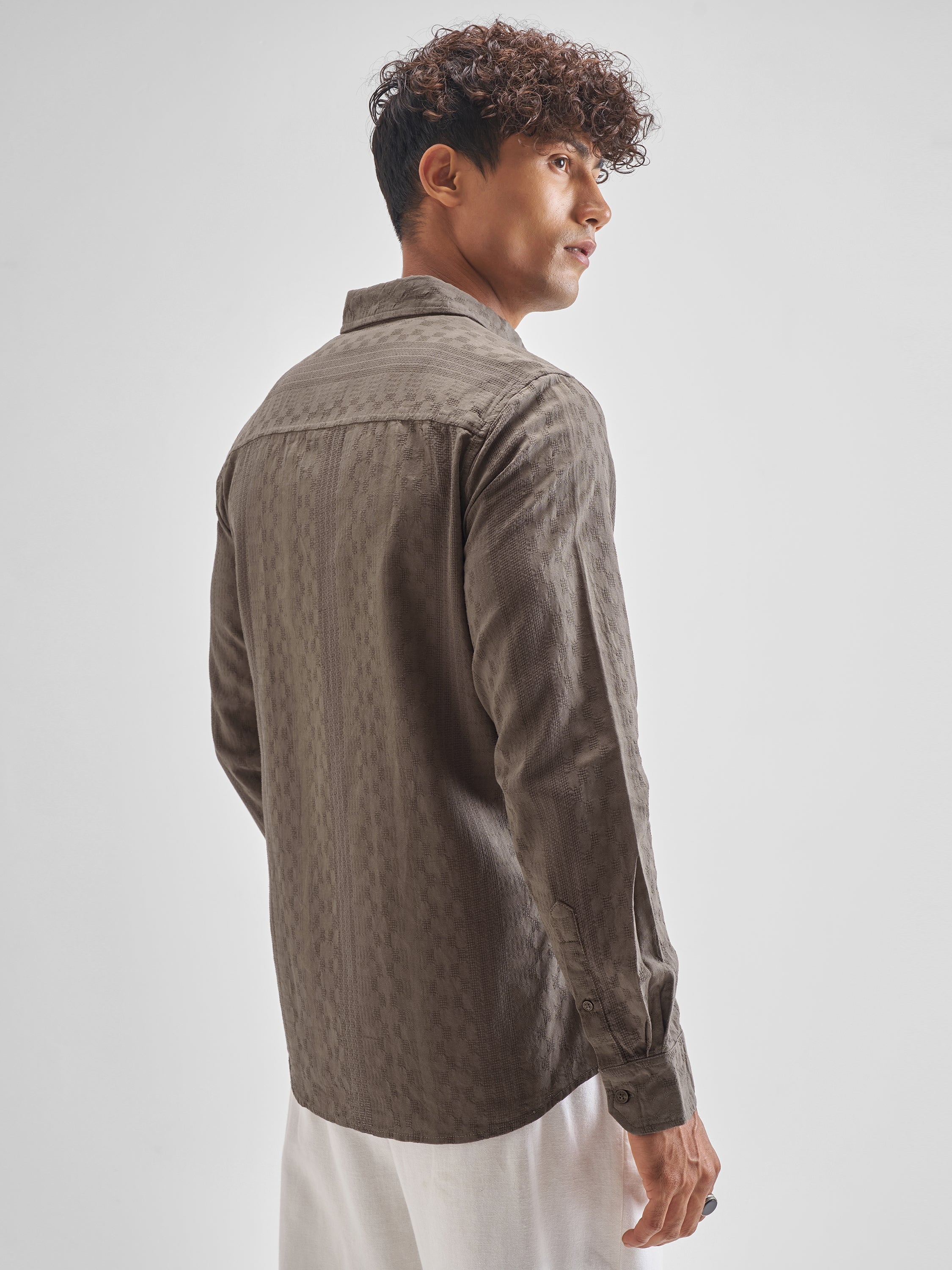 Highlander Men Khaki Self Design Slim Fit Casual Shirt - Khaki - Image 3