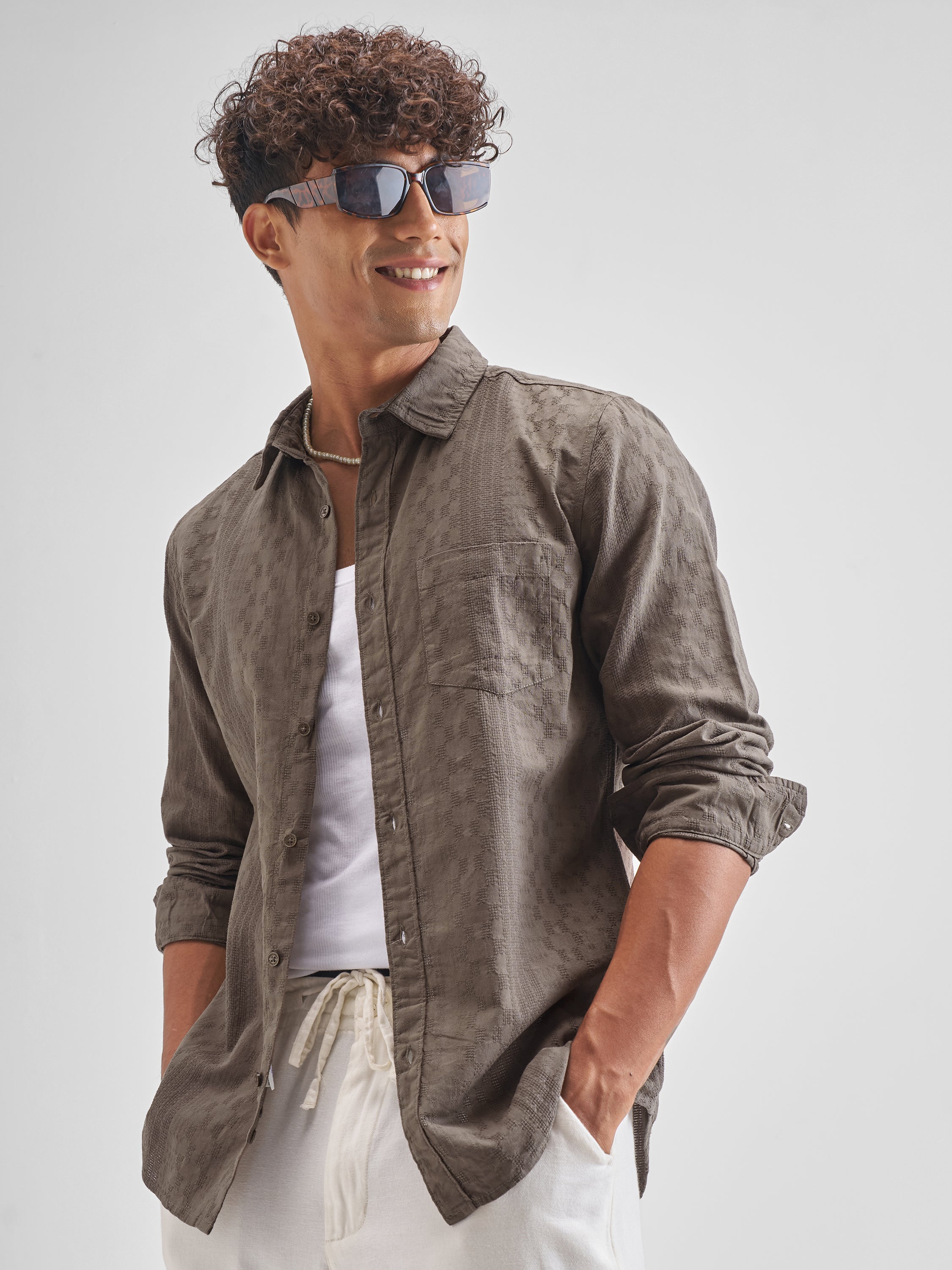 Highlander Men Khaki Self Design Slim Fit Casual Shirt - Khaki - Image 4