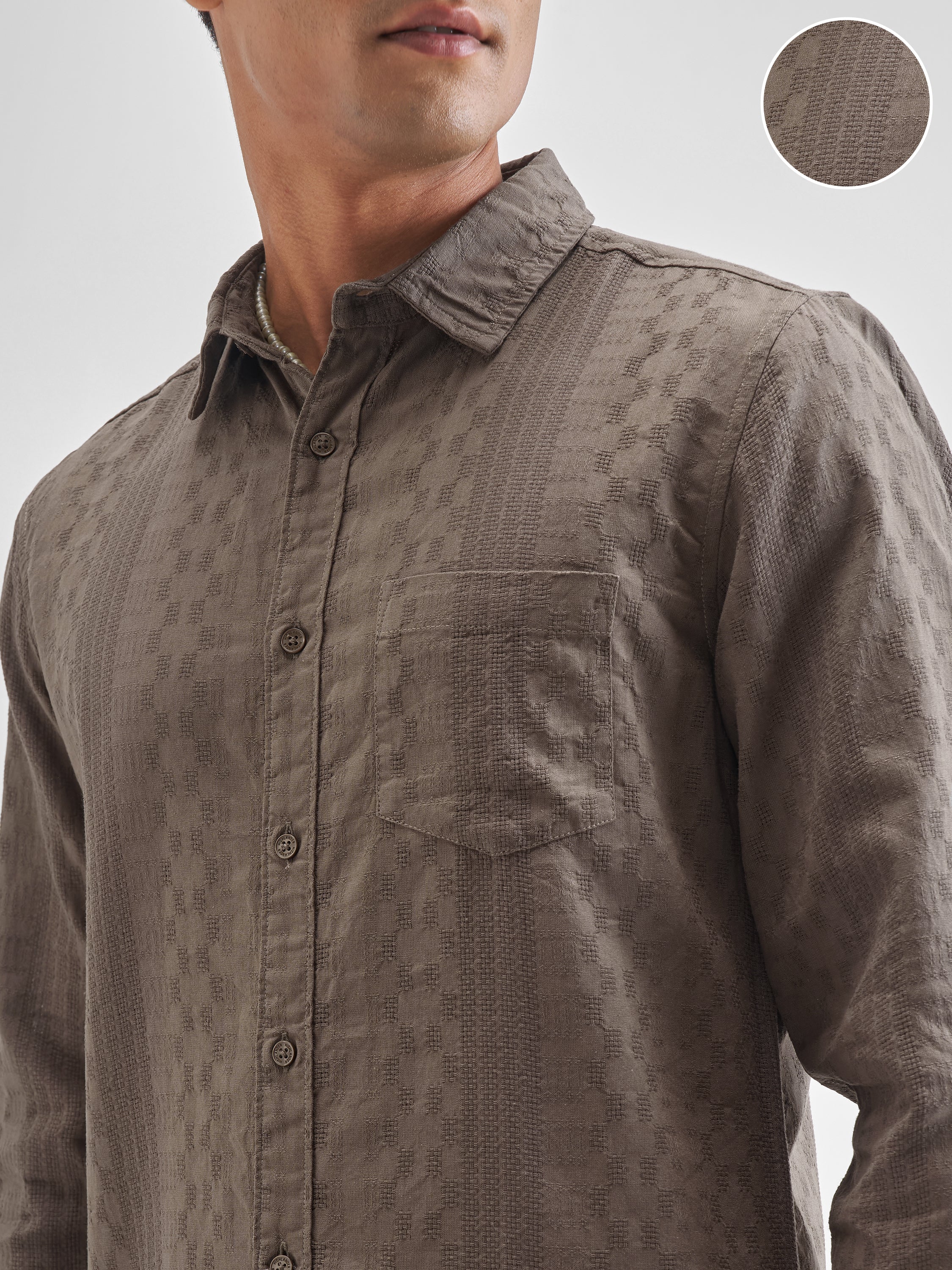 Highlander Men Khaki Self Design Slim Fit Casual Shirt - Khaki - Image 5