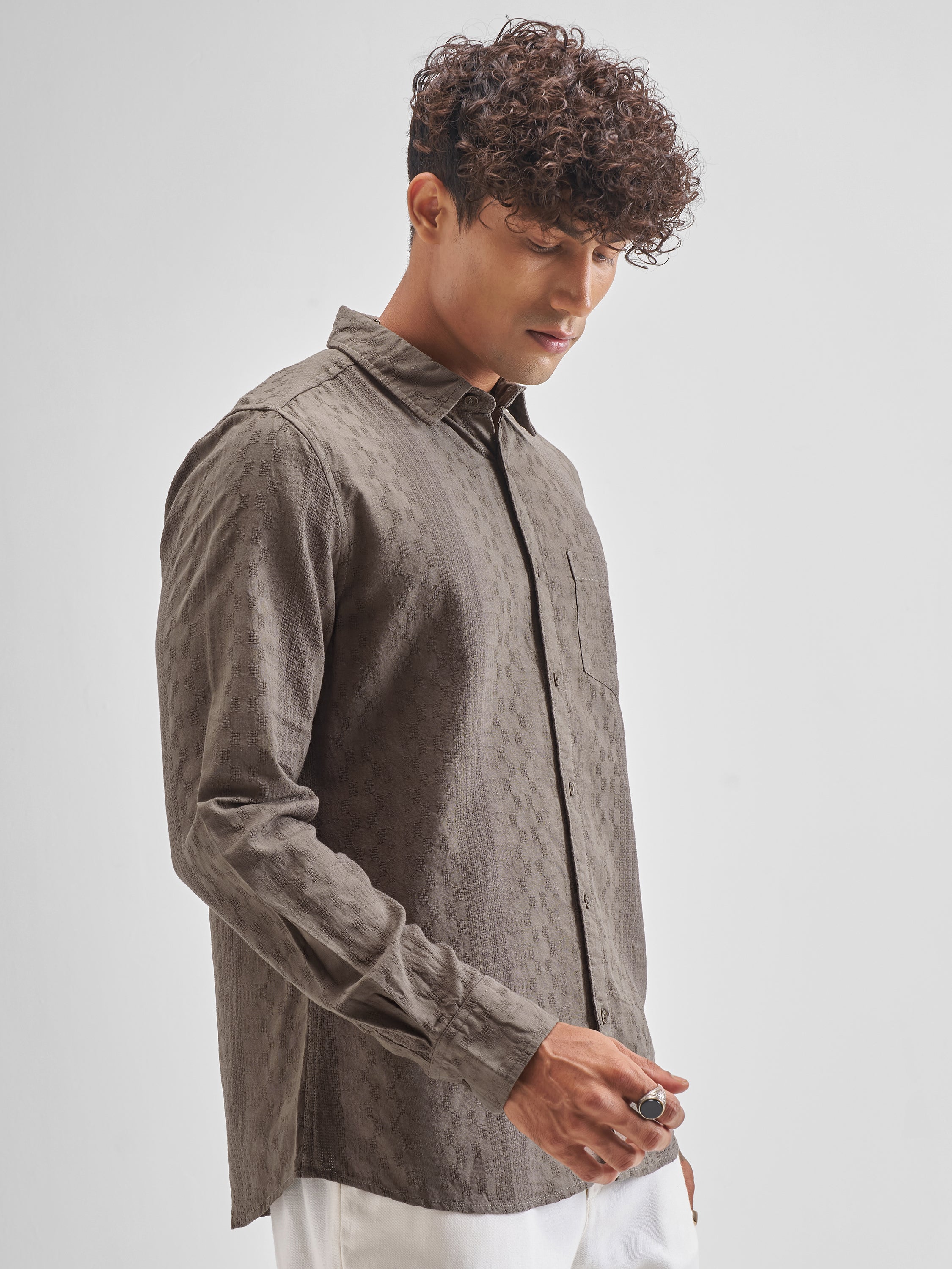 Highlander Men Khaki Self Design Slim Fit Casual Shirt - Khaki - Image 6