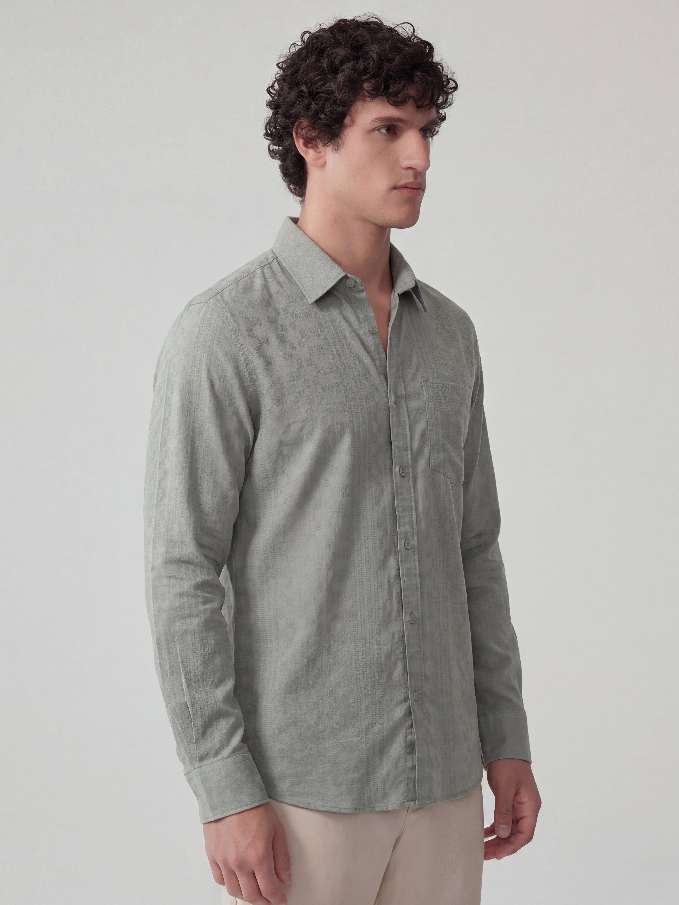 Highlander Men Green Self Design Slim Fit Casual Shirt - Green - Image 6