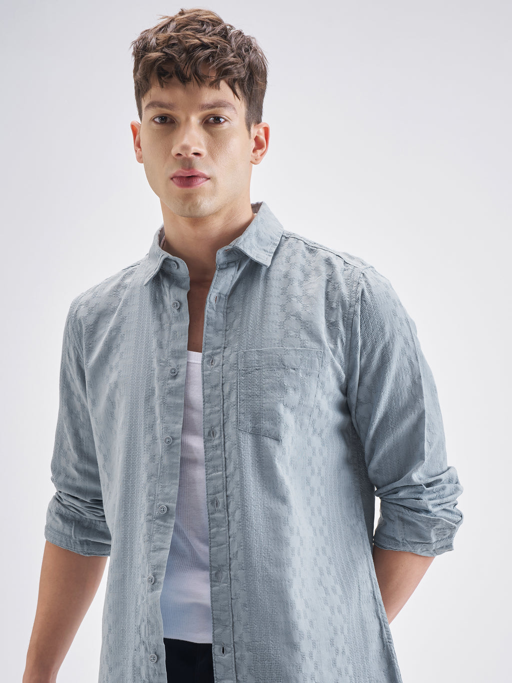 Highlander Men Blue Self Design Slim Fit Casual Shirt - Blue - Image 1