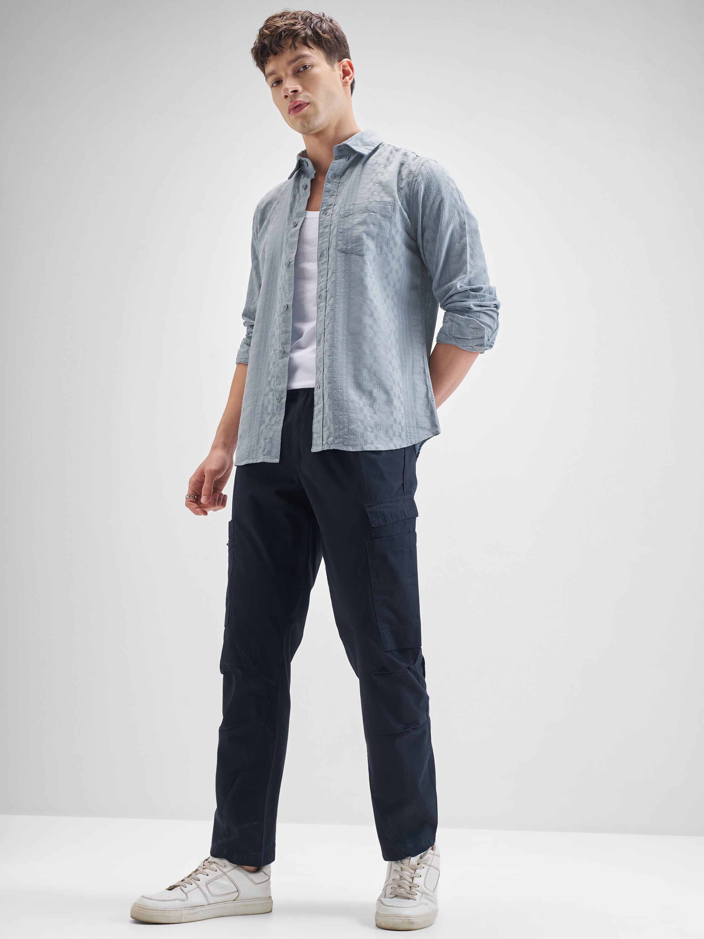 Highlander Men Blue Self Design Slim Fit Casual Shirt - Blue - Image 2