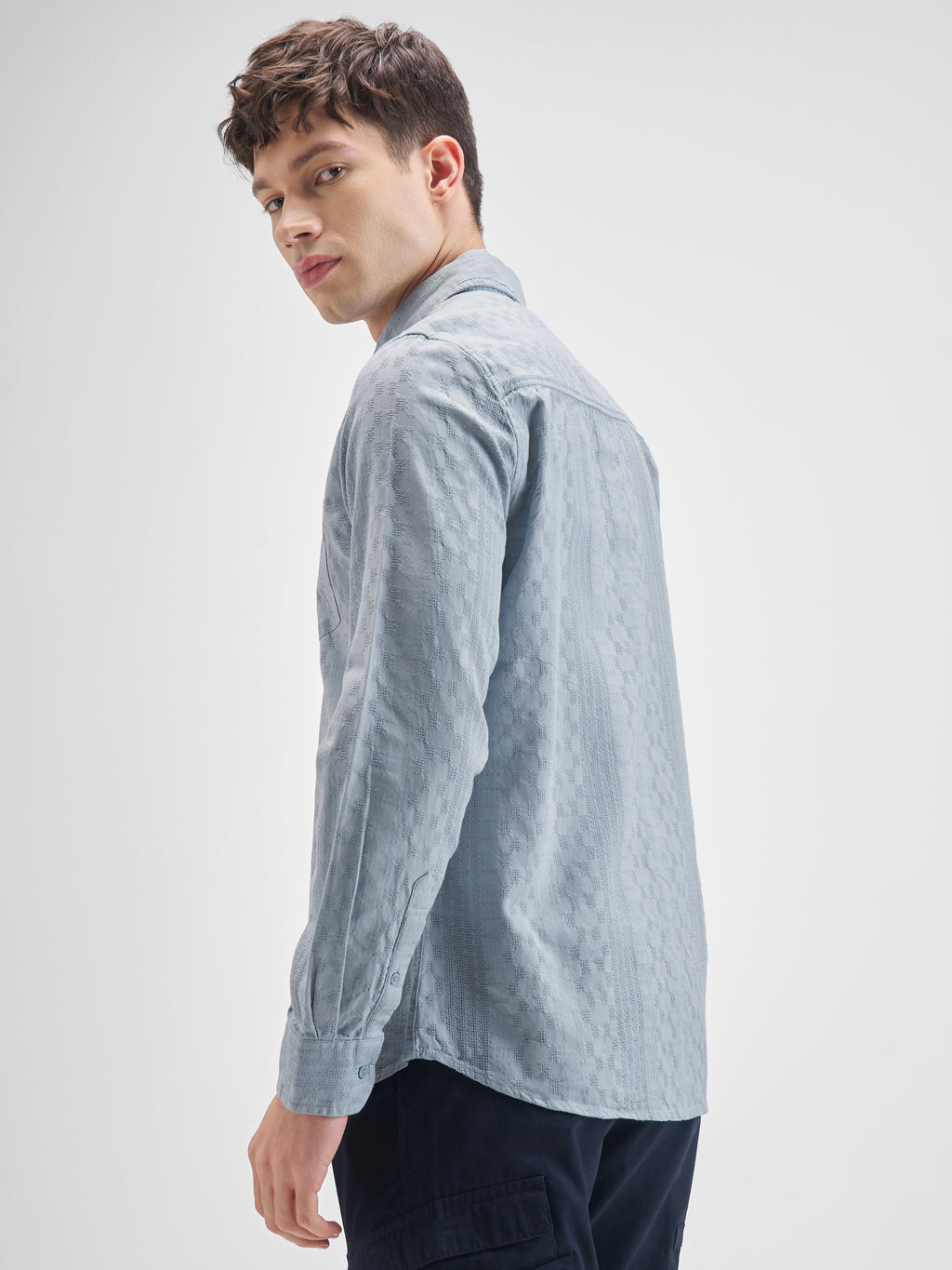 Highlander Men Blue Self Design Slim Fit Casual Shirt - Blue - Image 3