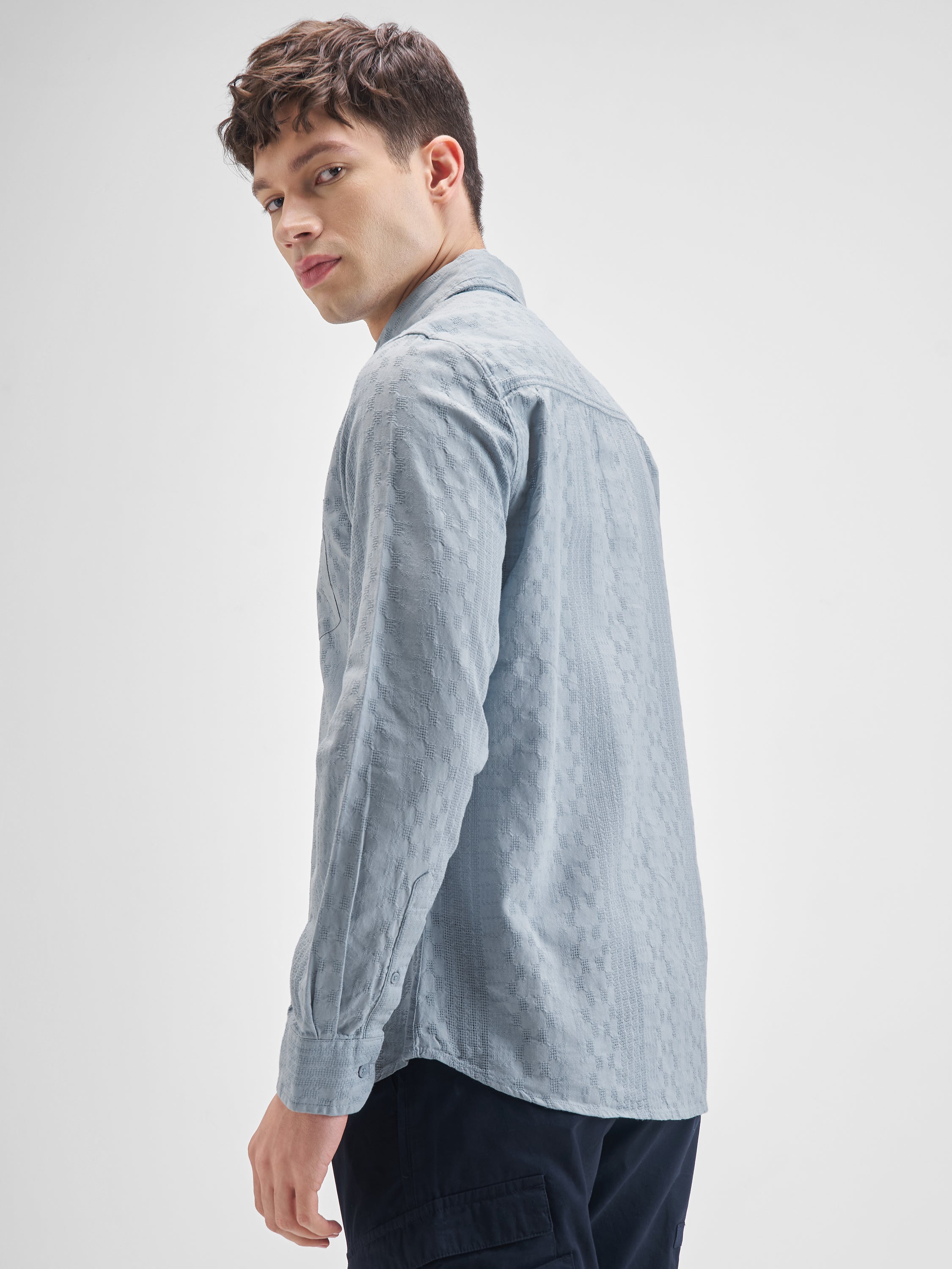 Highlander Men Blue Self Design Slim Fit Casual Shirt - Blue - Image 3