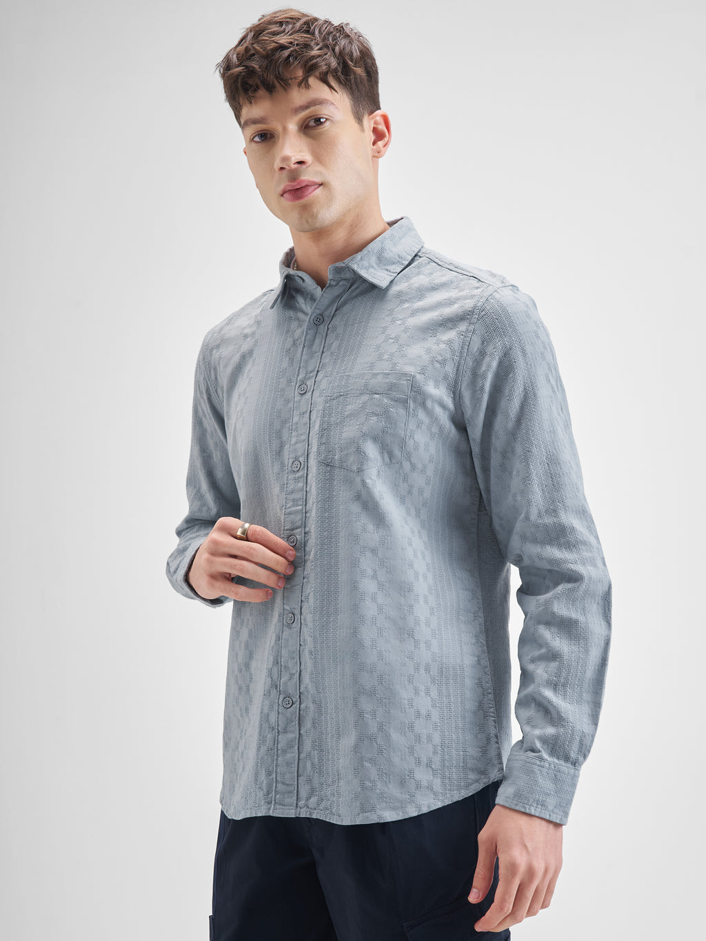 Highlander Men Blue Self Design Slim Fit Casual Shirt - Blue - Image 4