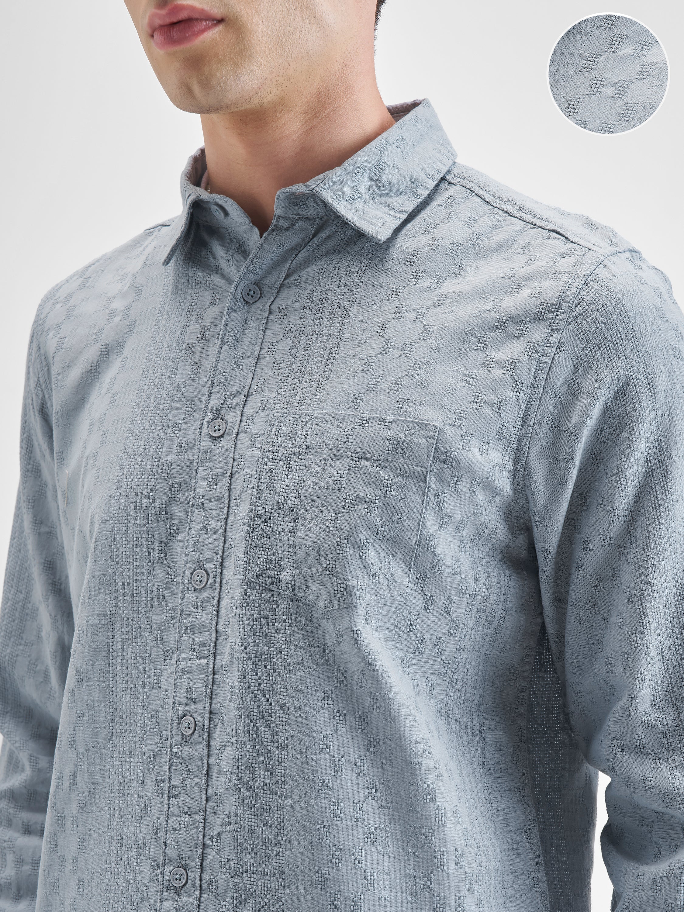 Highlander Men Blue Self Design Slim Fit Casual Shirt - Blue - Image 5