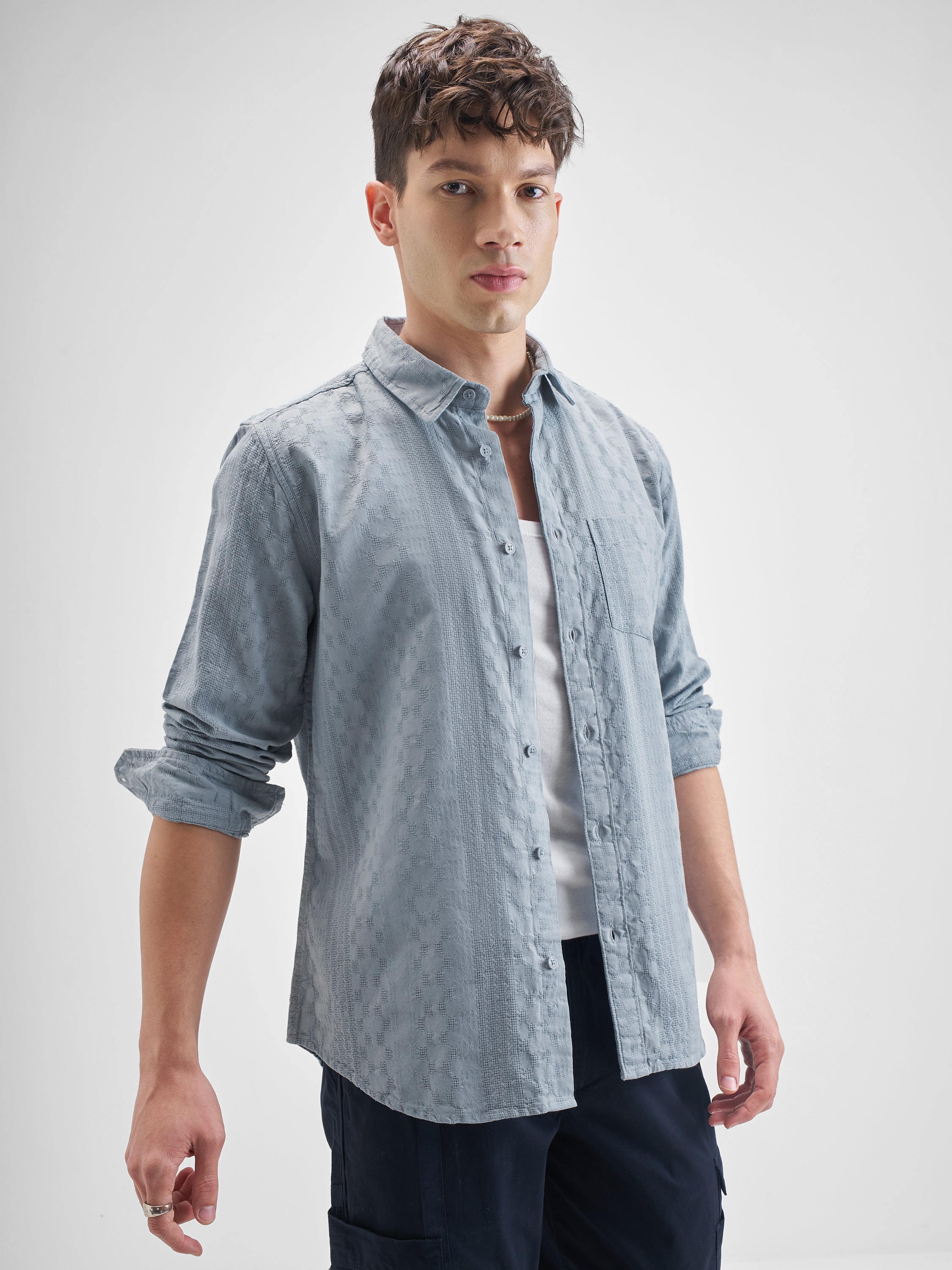 Highlander Men Blue Self Design Slim Fit Casual Shirt - Blue - Image 6