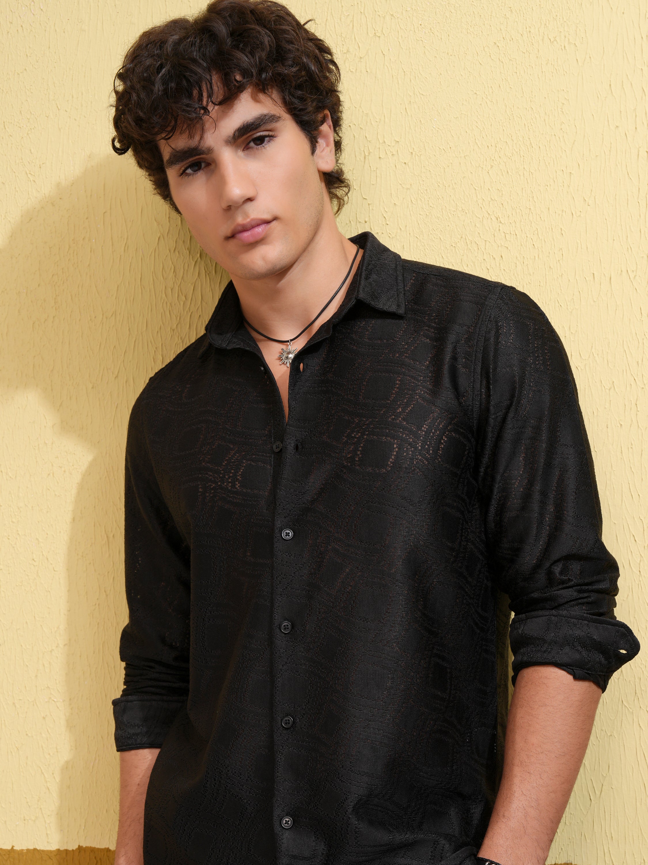 Highlander Men Black Self Design Slim Fit Casual Shirt - Black - Image 1