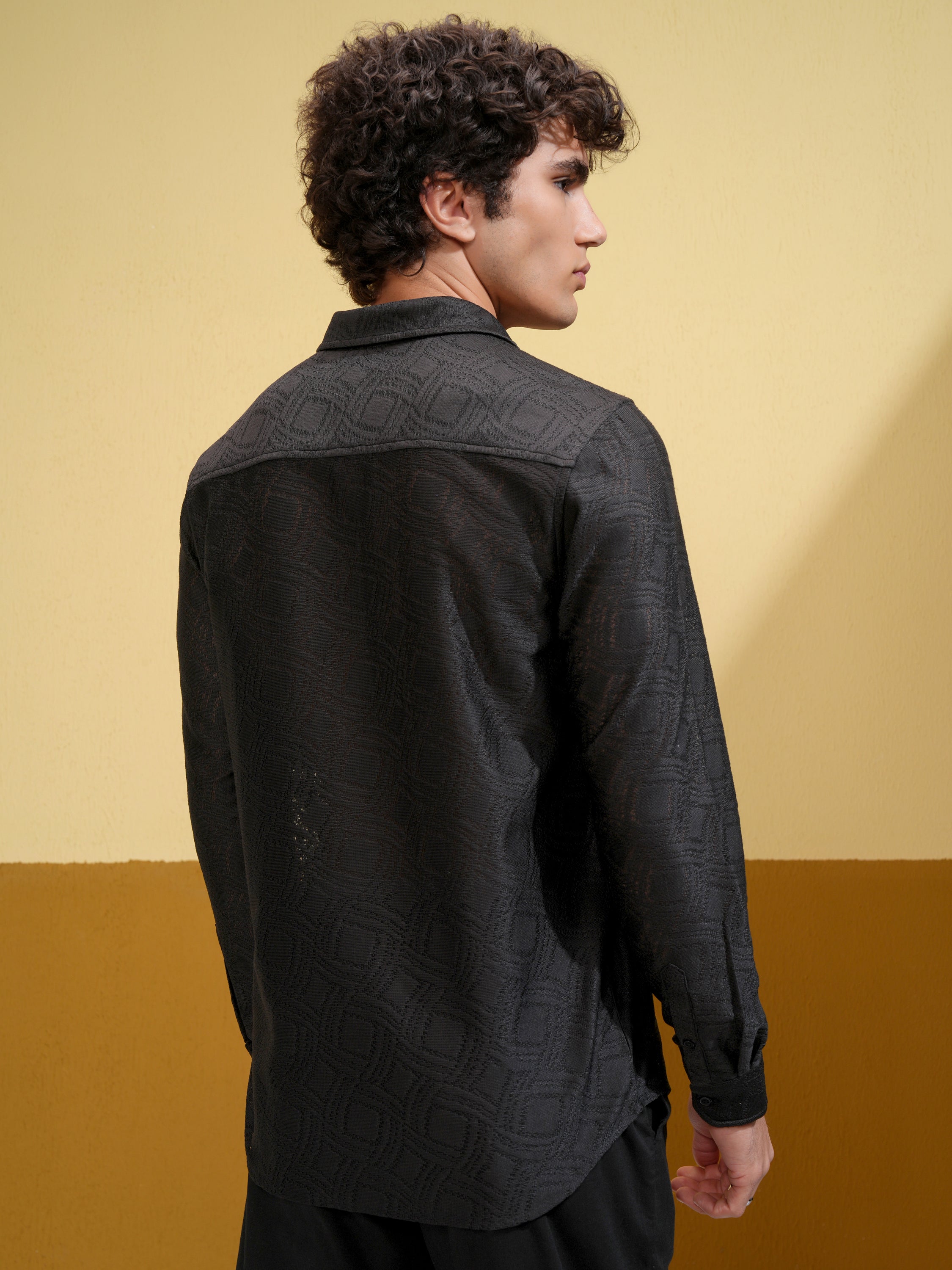 Highlander Men Black Self Design Slim Fit Casual Shirt - Black - Image 3