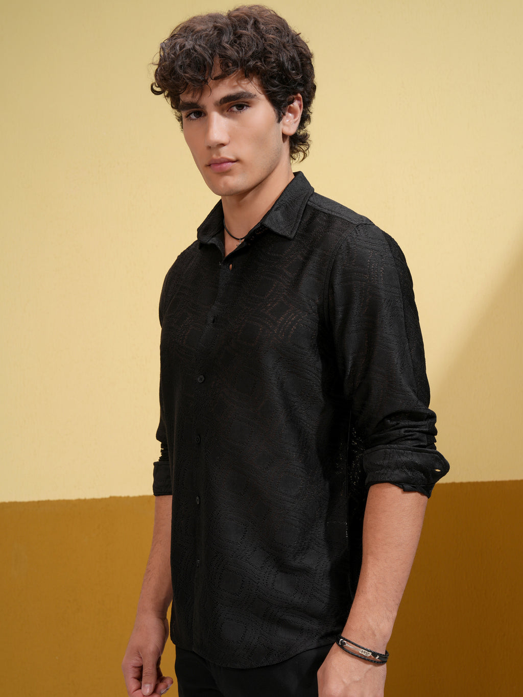 Highlander Men Black Self Design Slim Fit Casual Shirt - Black - Image 4