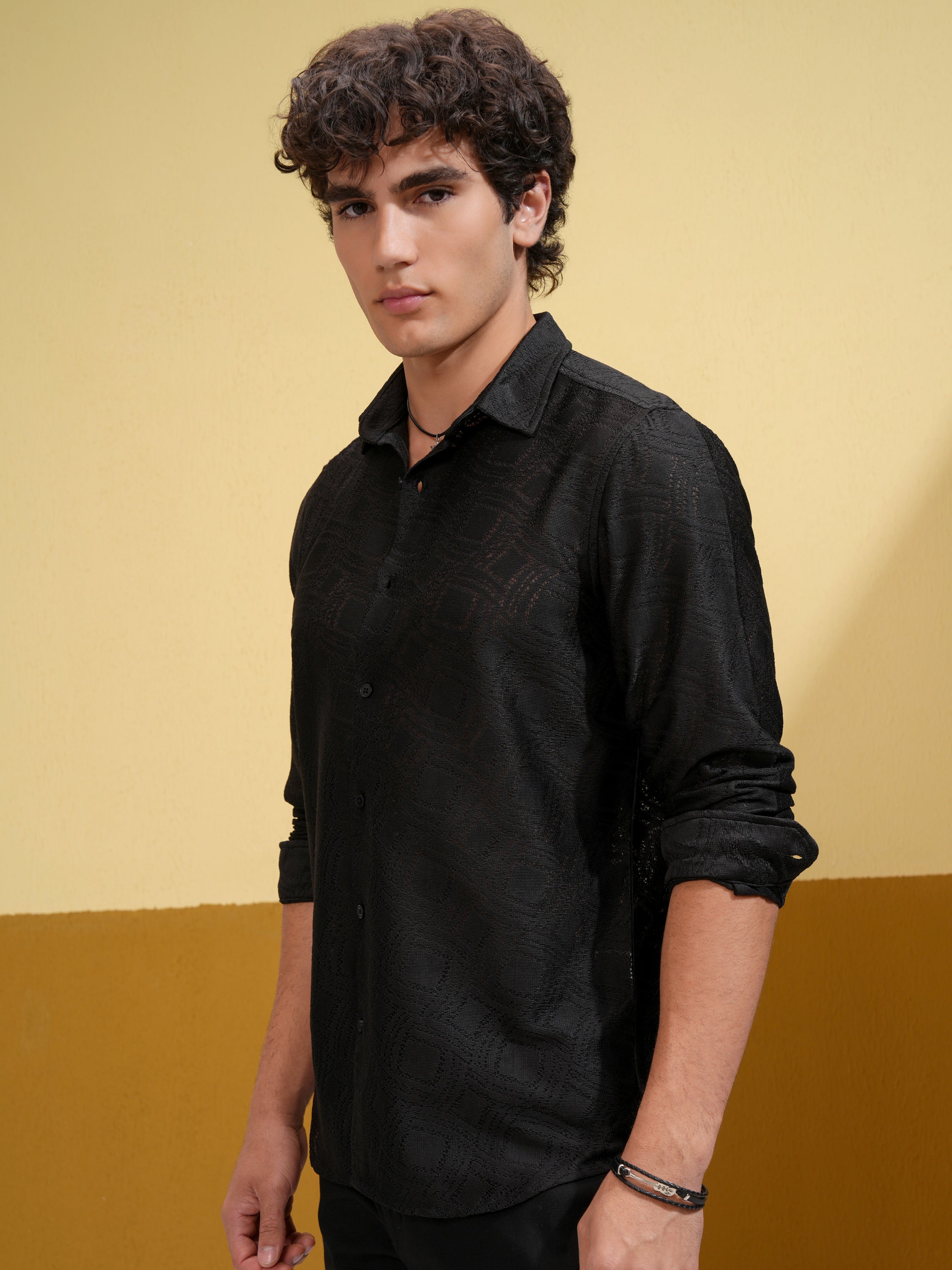 Highlander Men Black Self Design Slim Fit Casual Shirt - Black - Image 4