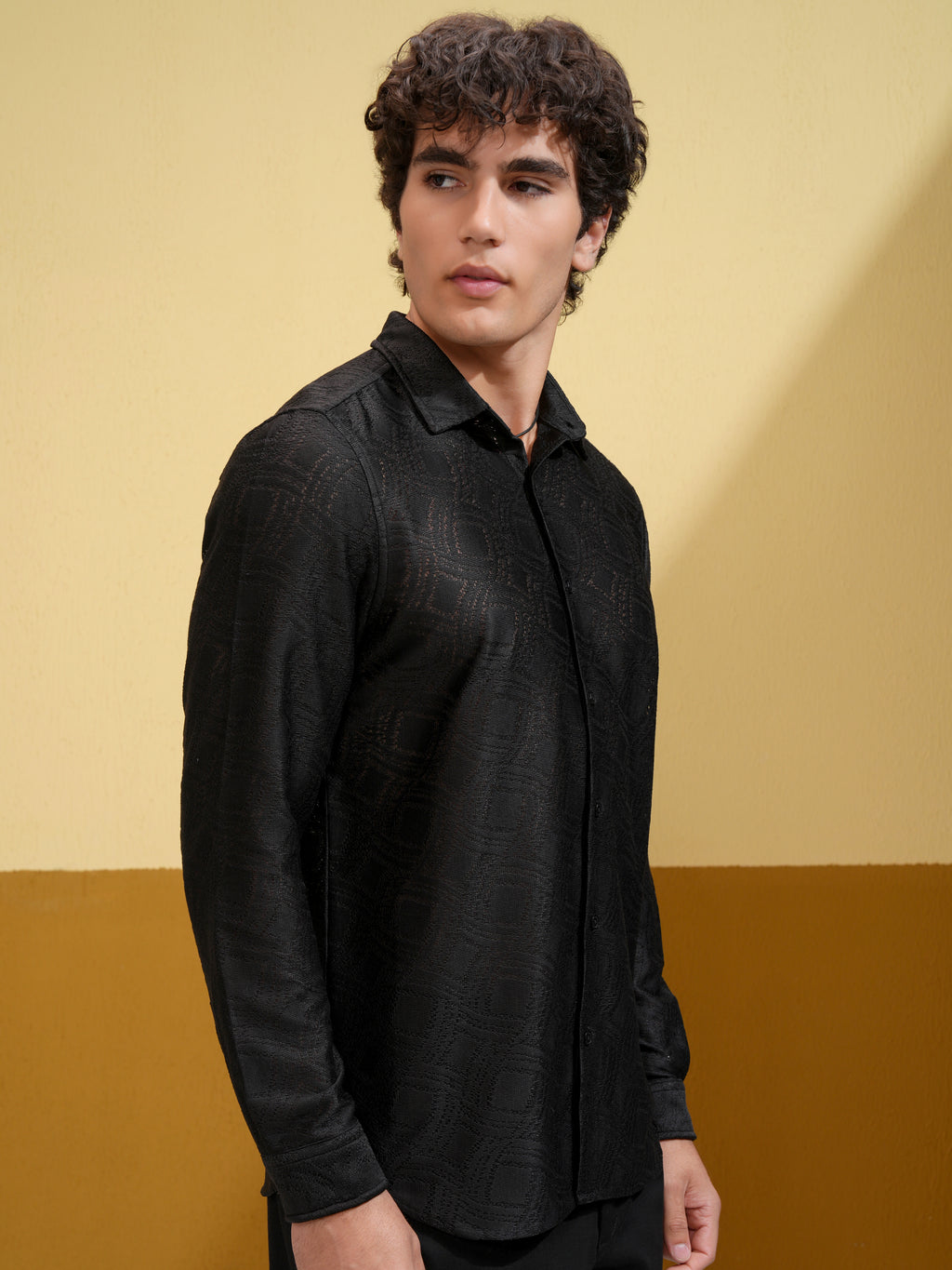 Highlander Men Black Self Design Slim Fit Casual Shirt - Black - Image 6