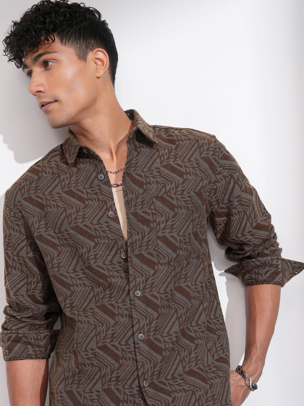 Highlander Men Rust Self Design Relaxed Fit Casual Shirt - Rust - Image 1