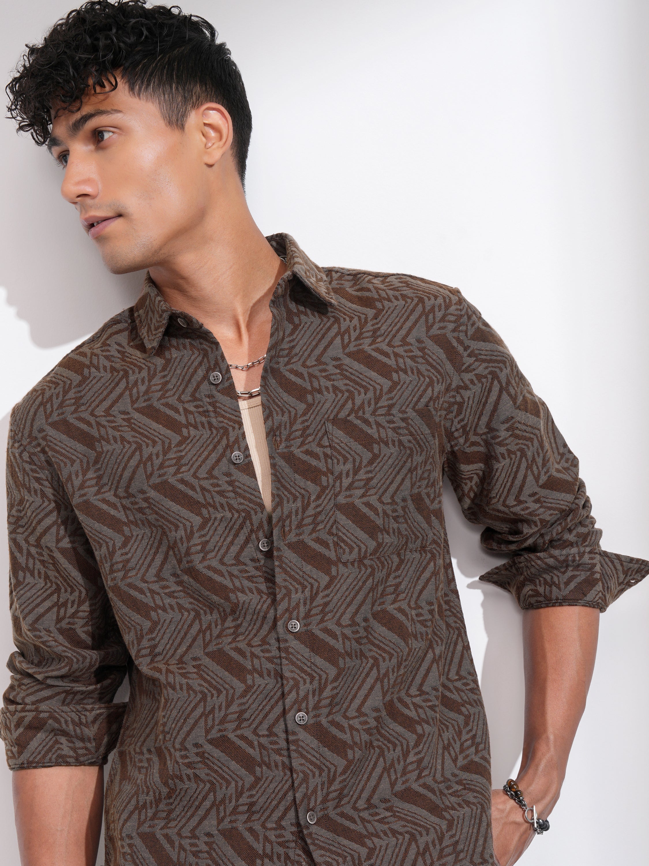 Highlander Men Rust Self Design Relaxed Fit Casual Shirt - Rust - Image 1