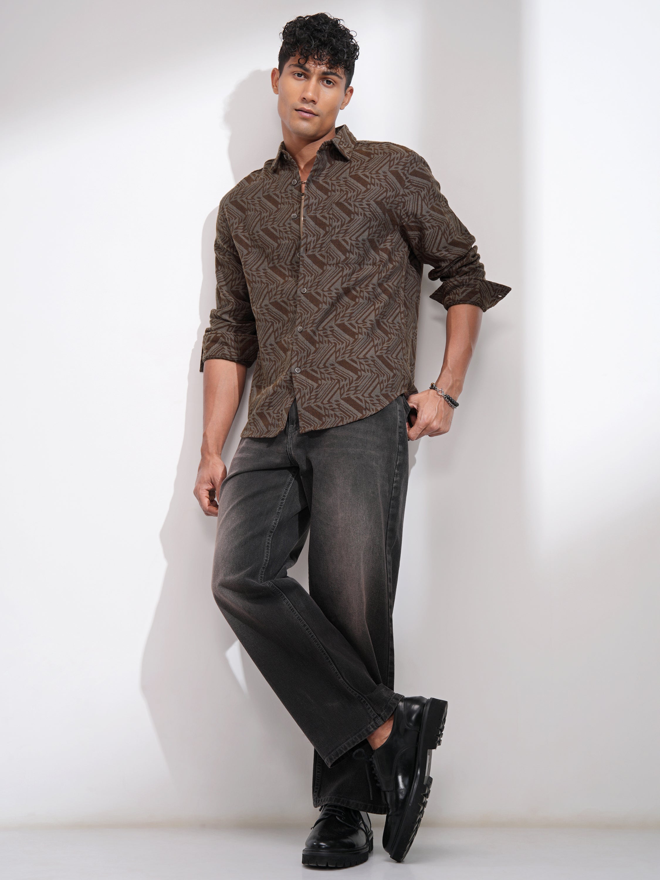 Highlander Men Rust Self Design Relaxed Fit Casual Shirt - Rust - Image 2