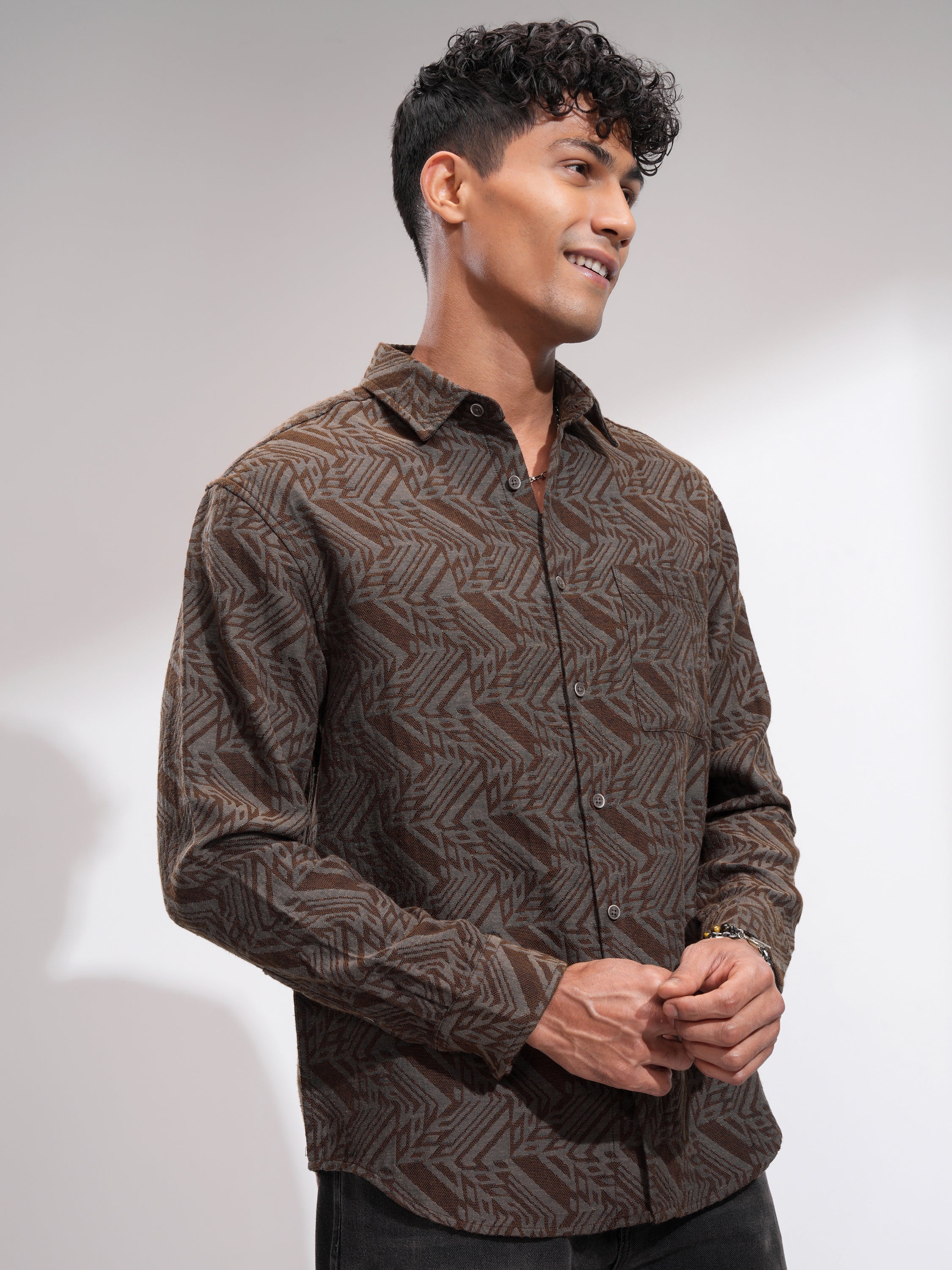 Highlander Men Rust Self Design Relaxed Fit Casual Shirt - Rust - Image 6