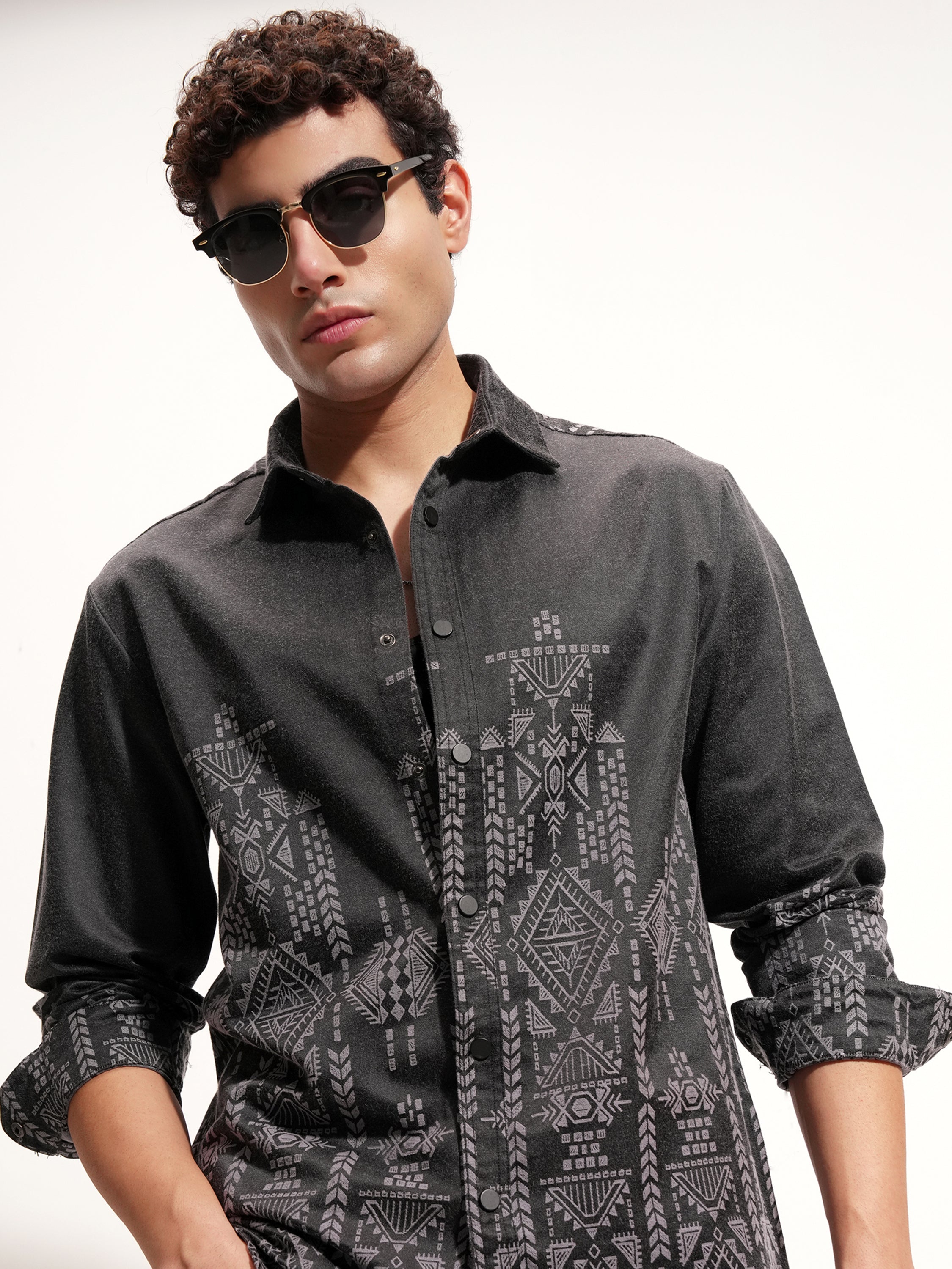 Highlander Men Charcoal Printed Relaxed Fit Casual Shirt - Charcoal - Image 1