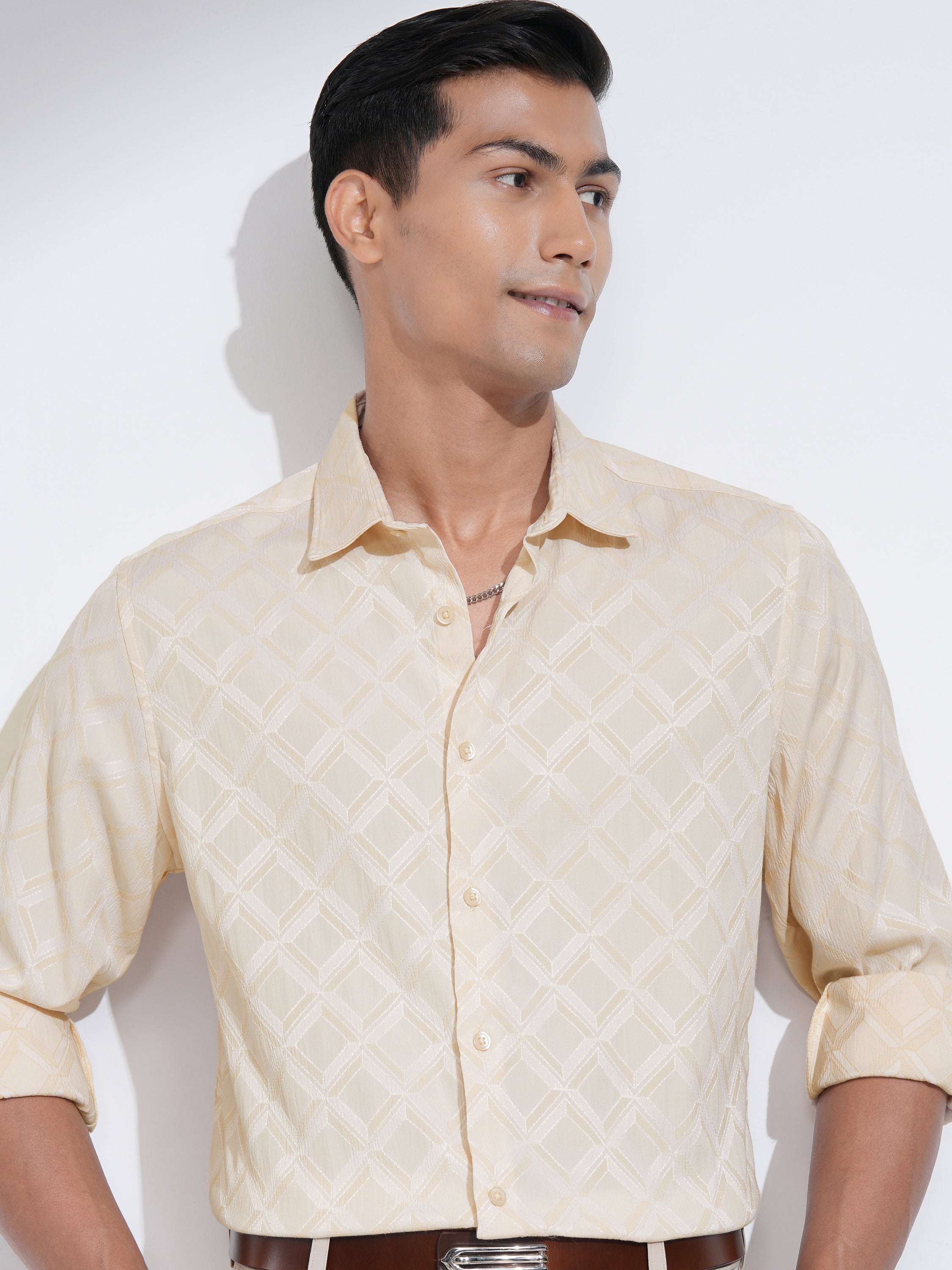 Highlander Men Cream Self Design Slim Fit Casual Shirt - Cream - Image 1