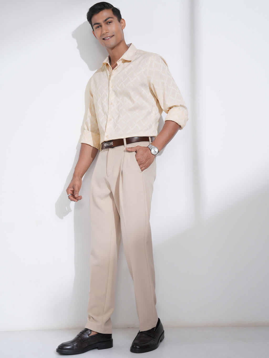 Highlander Men Cream Self Design Slim Fit Casual Shirt - Cream - Image 2