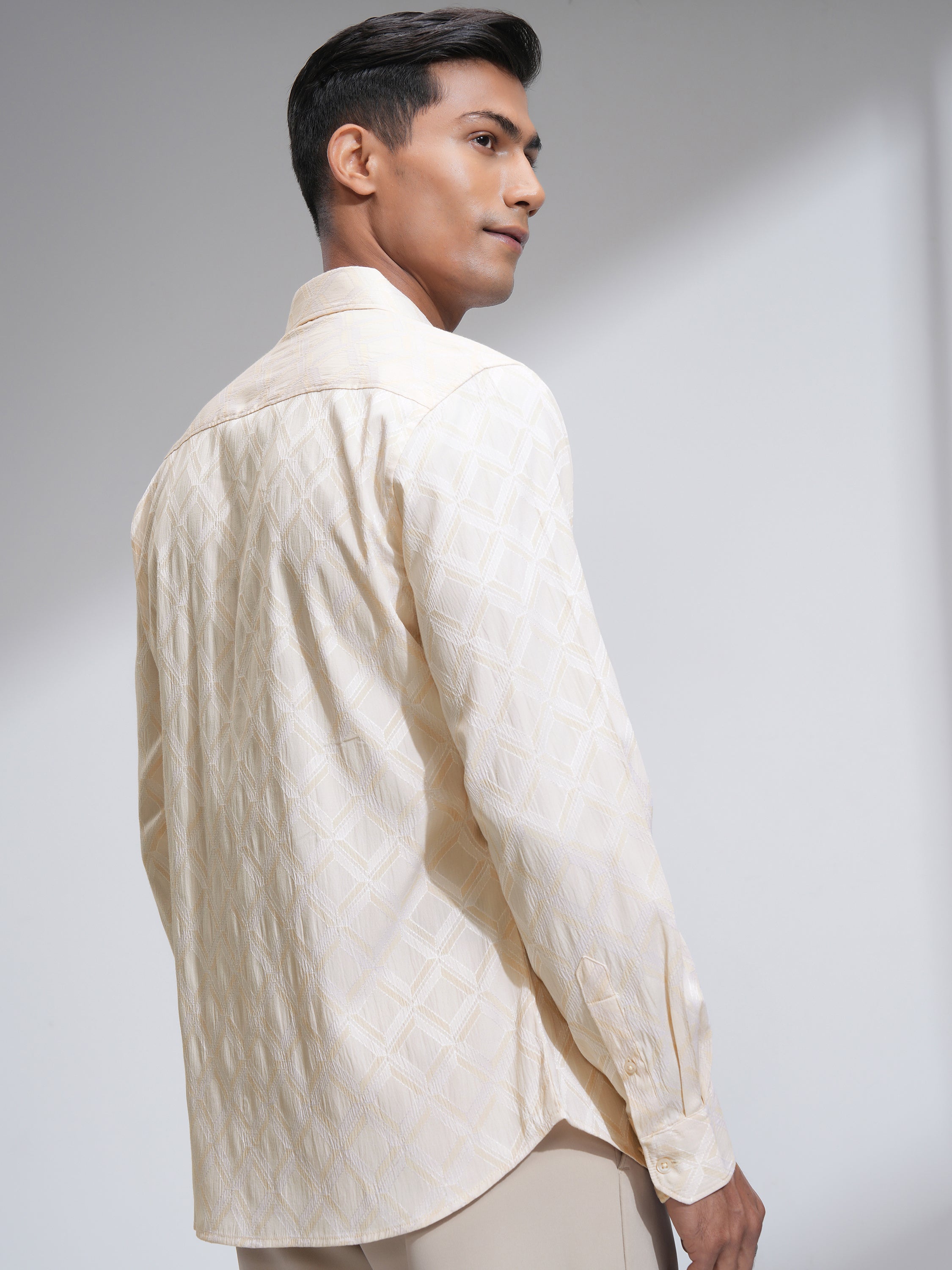 Highlander Men Cream Self Design Slim Fit Casual Shirt - Cream - Image 3