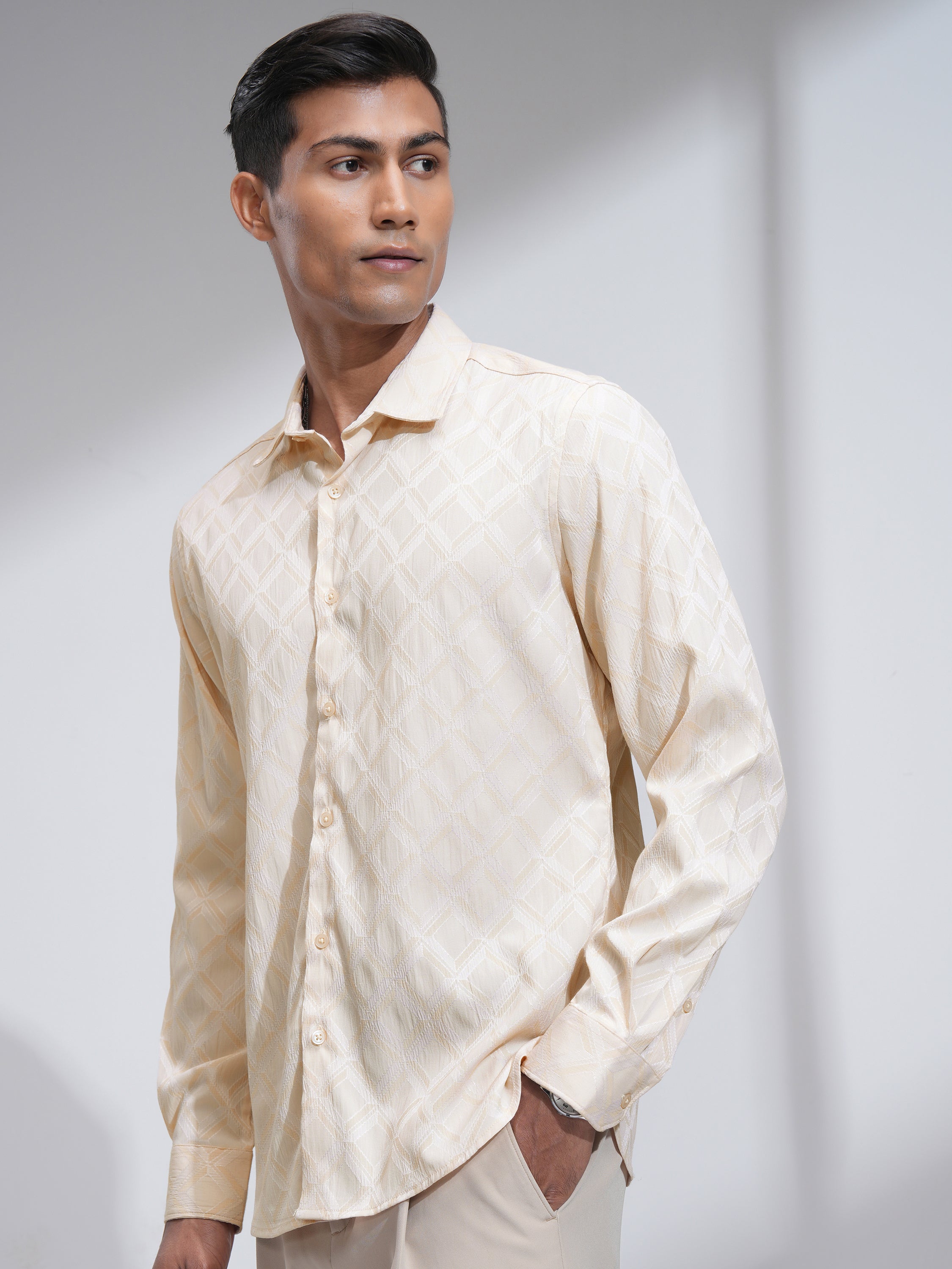 Highlander Men Cream Self Design Slim Fit Casual Shirt - Cream - Image 4