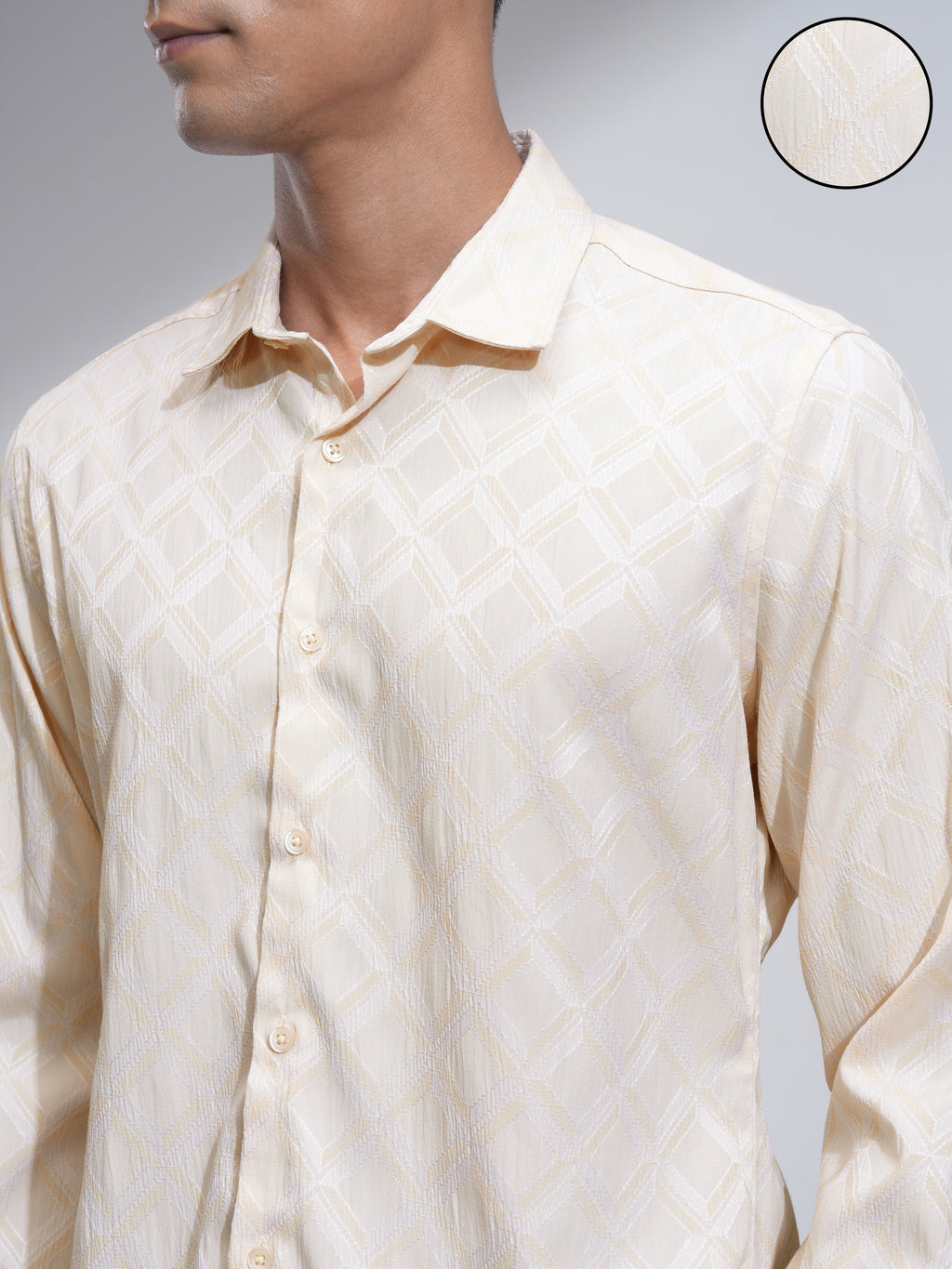 Highlander Men Cream Self Design Slim Fit Casual Shirt - Cream - Image 5