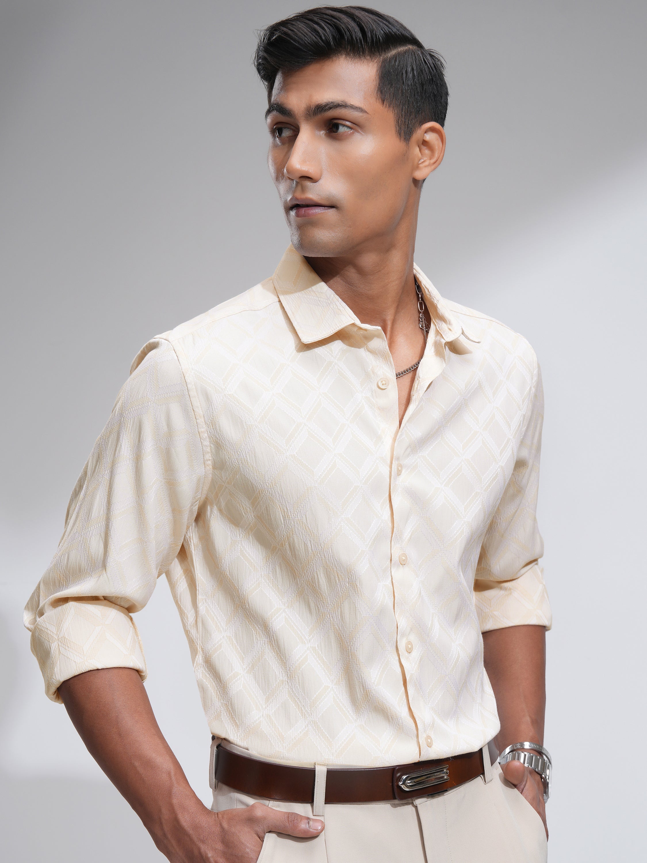 Highlander Men Cream Self Design Slim Fit Casual Shirt - Cream - Image 6