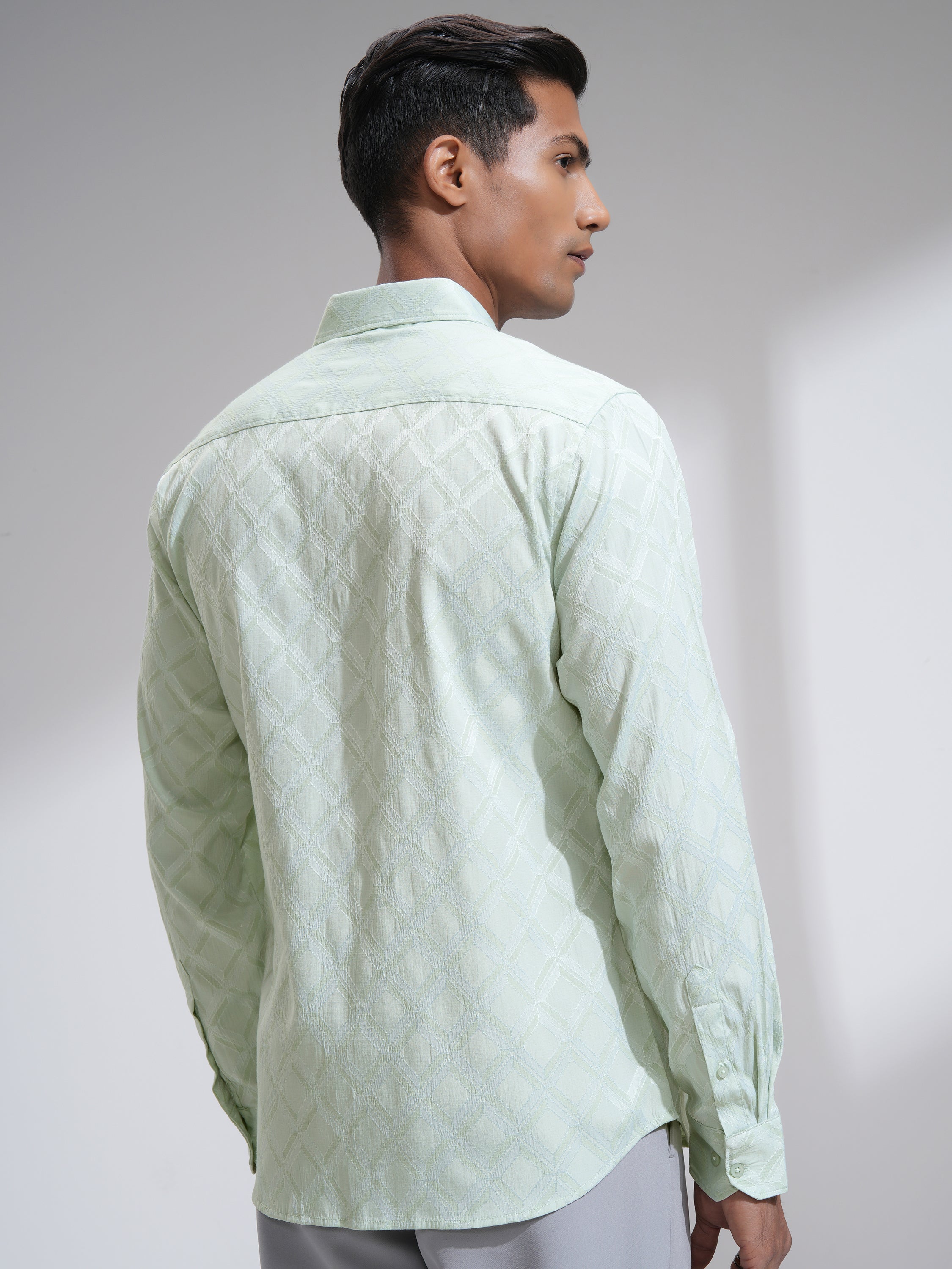 Highlander Men Green Textured Slim Fit Casual Shirt - Green - Image 3