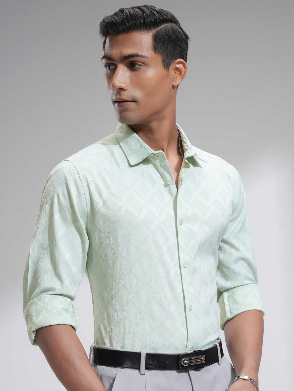 Highlander Men Green Textured Slim Fit Casual Shirt - Green - Image 6