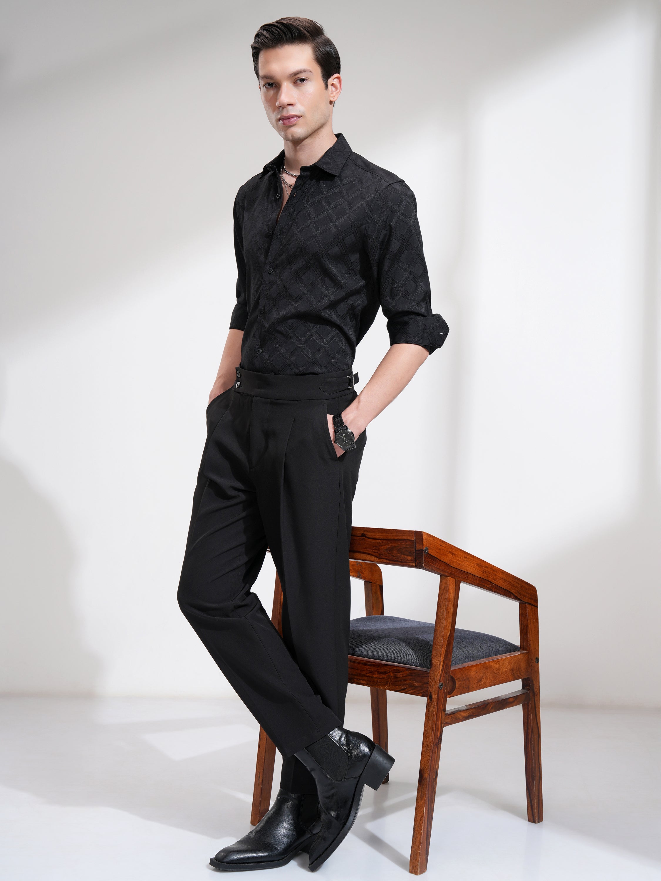 Highlander Men Black Self Printed Slim Fit Casual Shirt - Black - Image 2