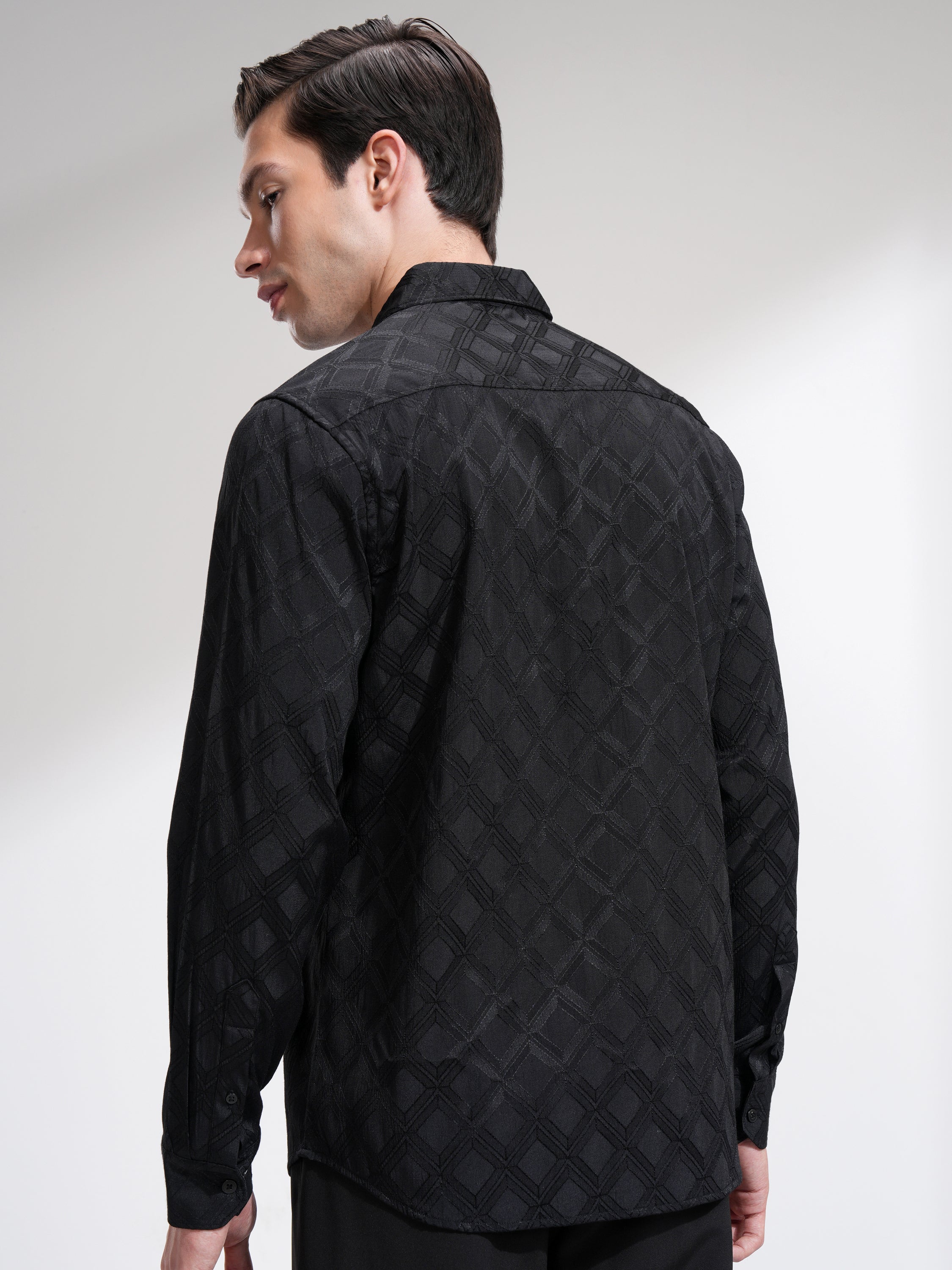 Highlander Men Black Self Printed Slim Fit Casual Shirt - Black - Image 3