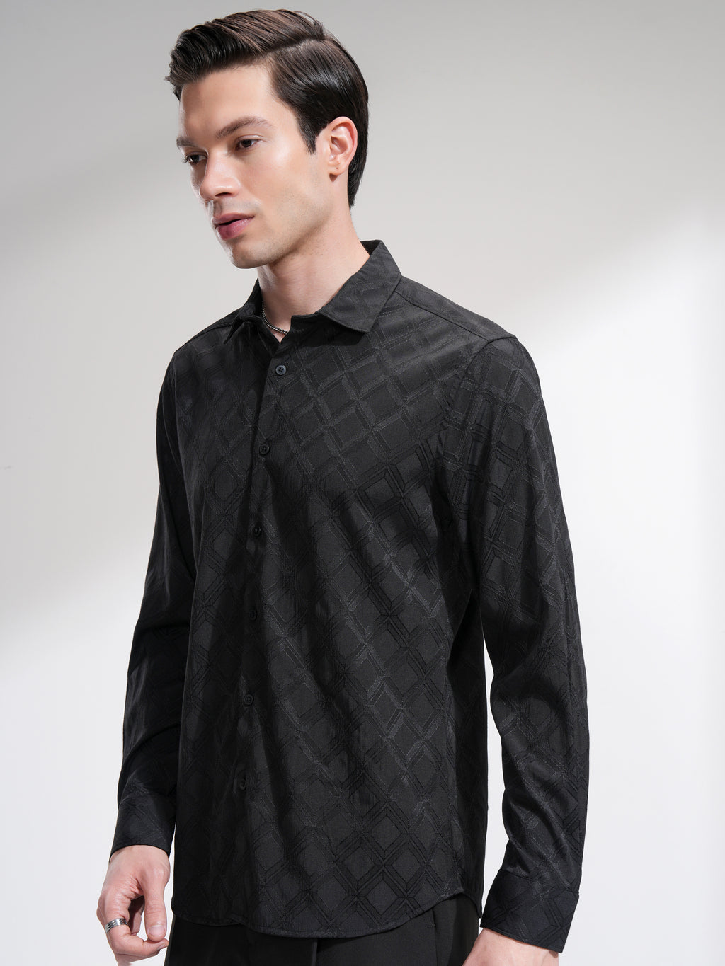 Highlander Men Black Self Printed Slim Fit Casual Shirt - Black - Image 4