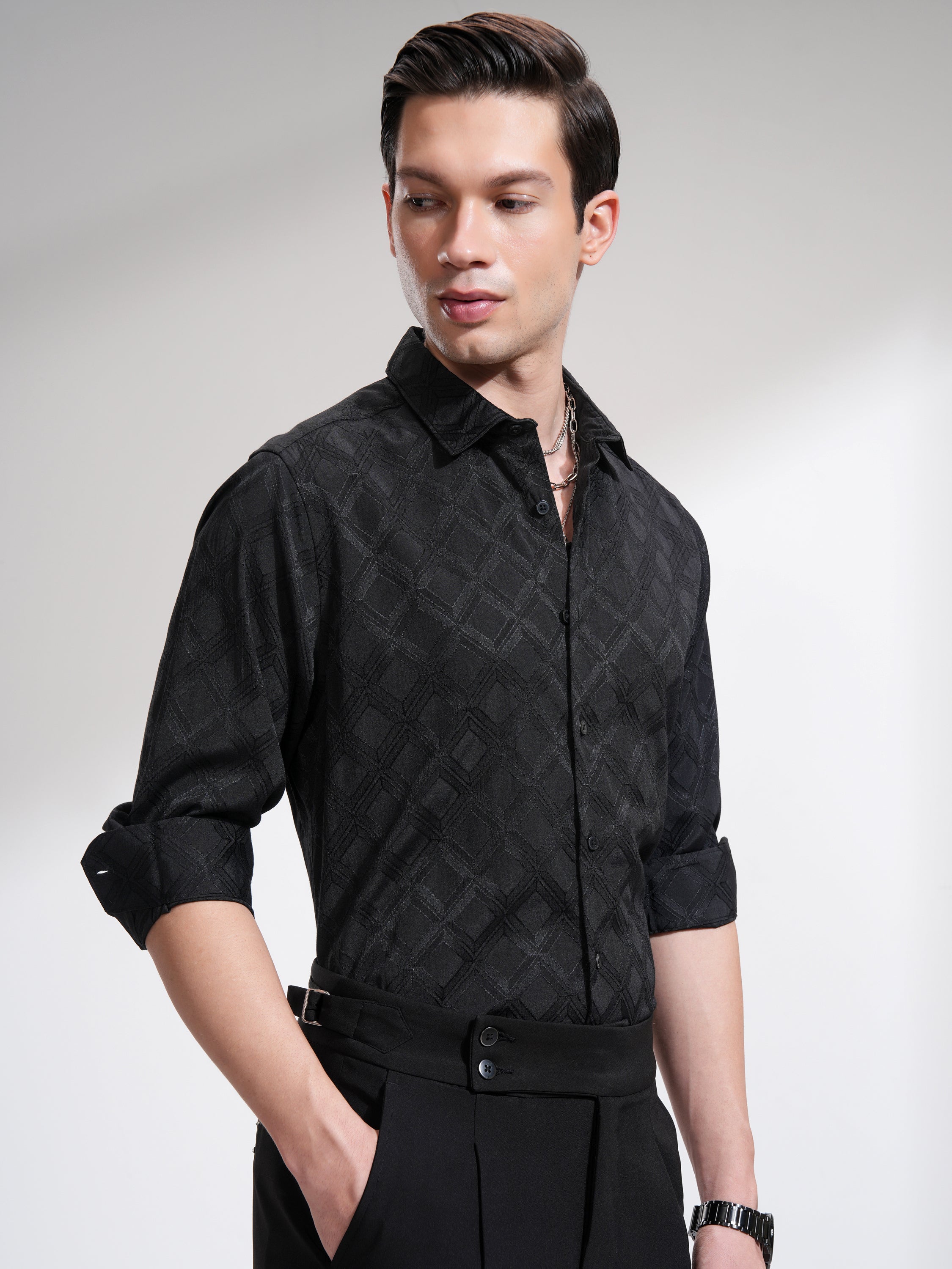 Highlander Men Black Self Printed Slim Fit Casual Shirt - Black - Image 6