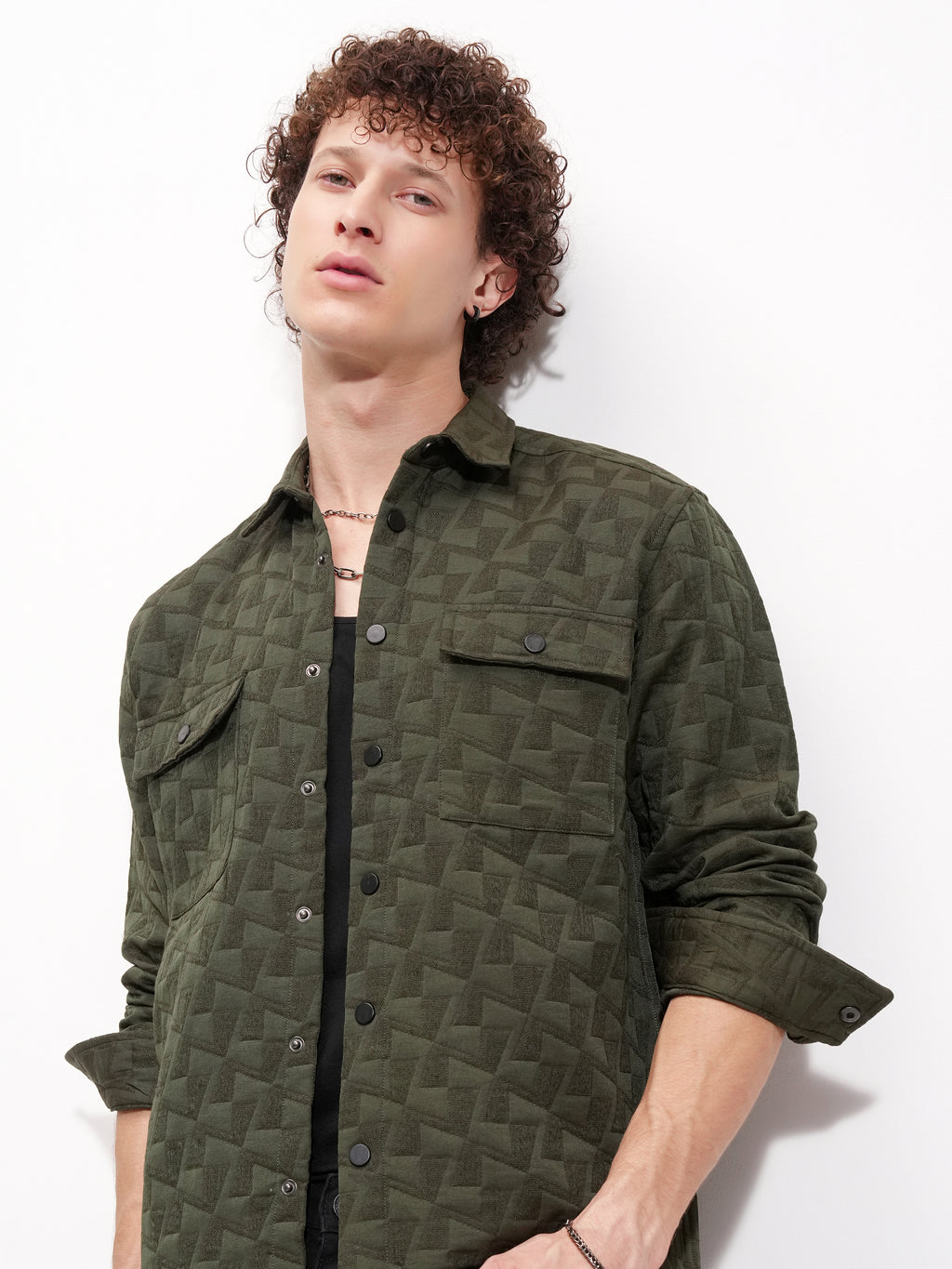 Highlander Men Olive Self Design Relaxed Fit Casual Shirt - Olive - Image 1
