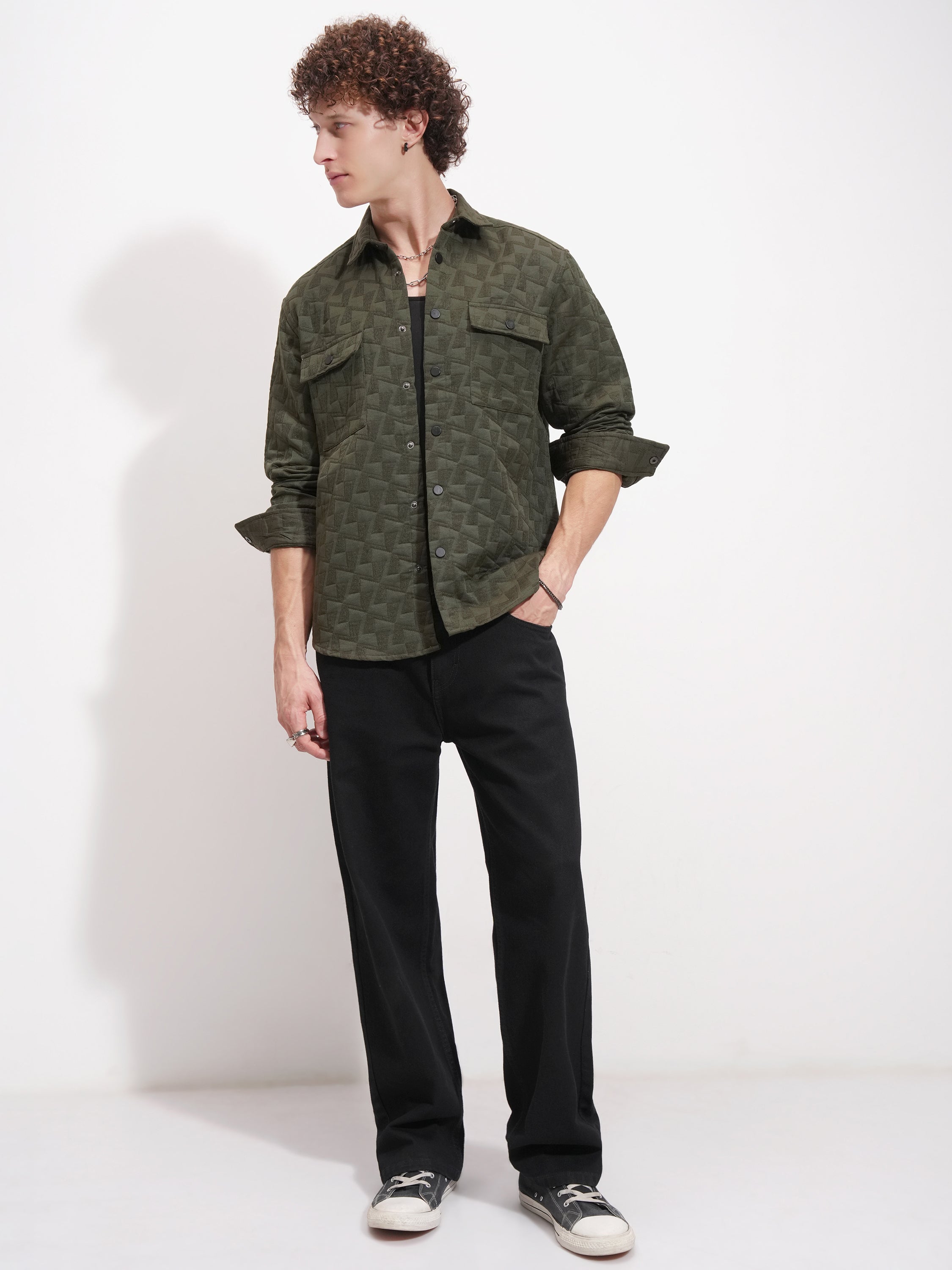 Highlander Men Olive Self Design Relaxed Fit Casual Shirt - Olive - Image 2