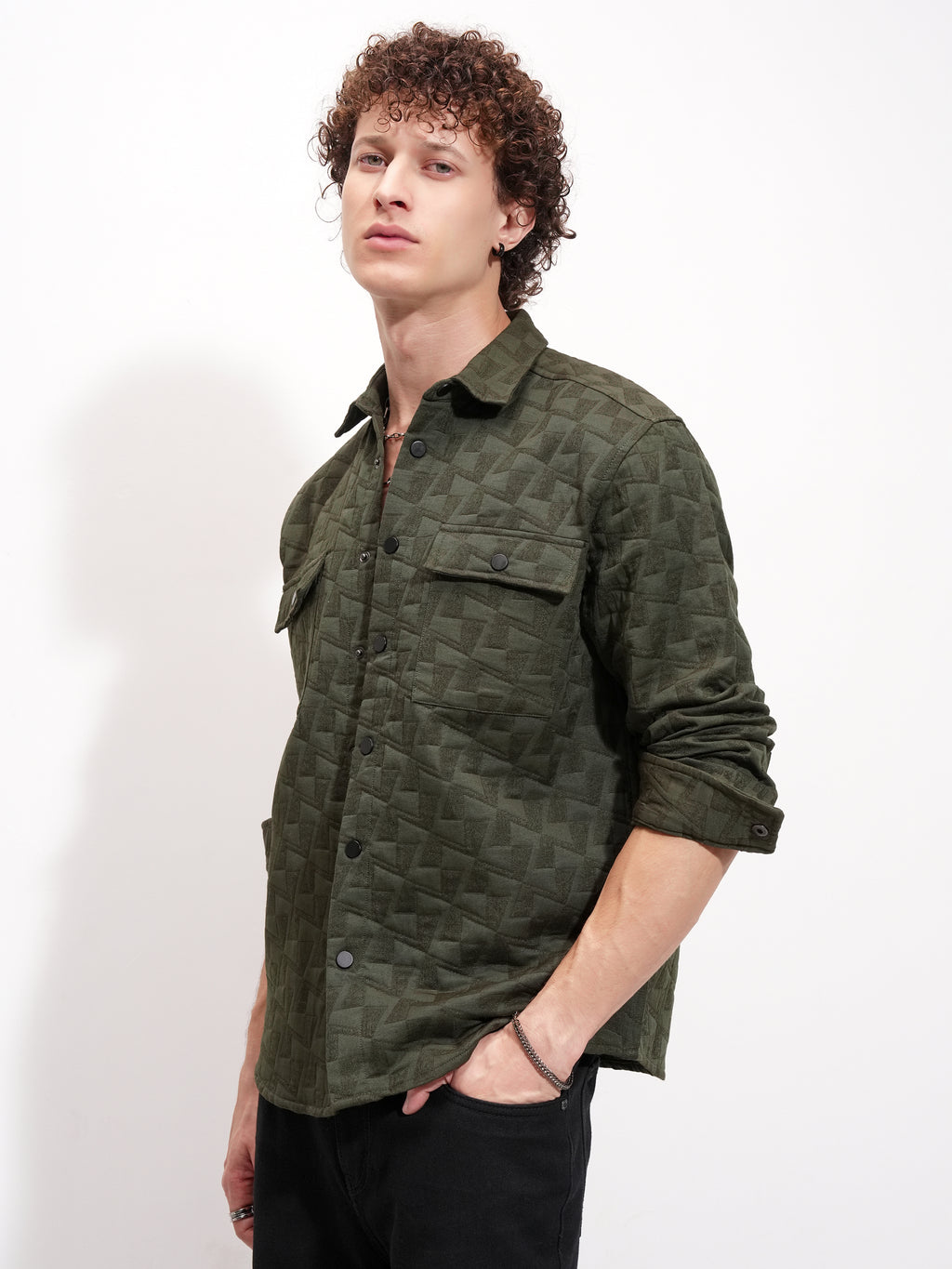 Highlander Men Olive Self Design Relaxed Fit Casual Shirt - Olive - Image 4