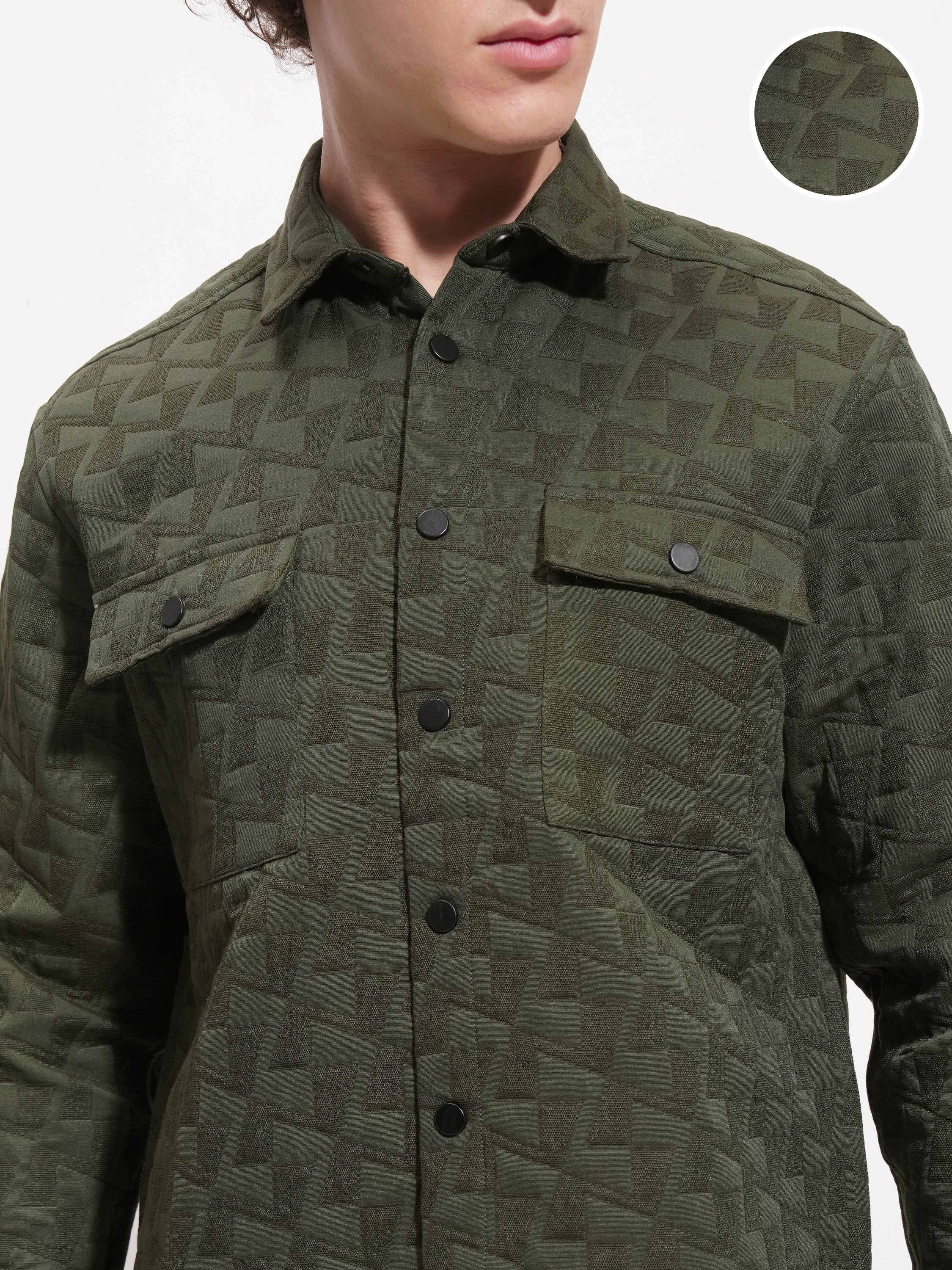 Highlander Men Olive Self Design Relaxed Fit Casual Shirt - Olive - Image 5