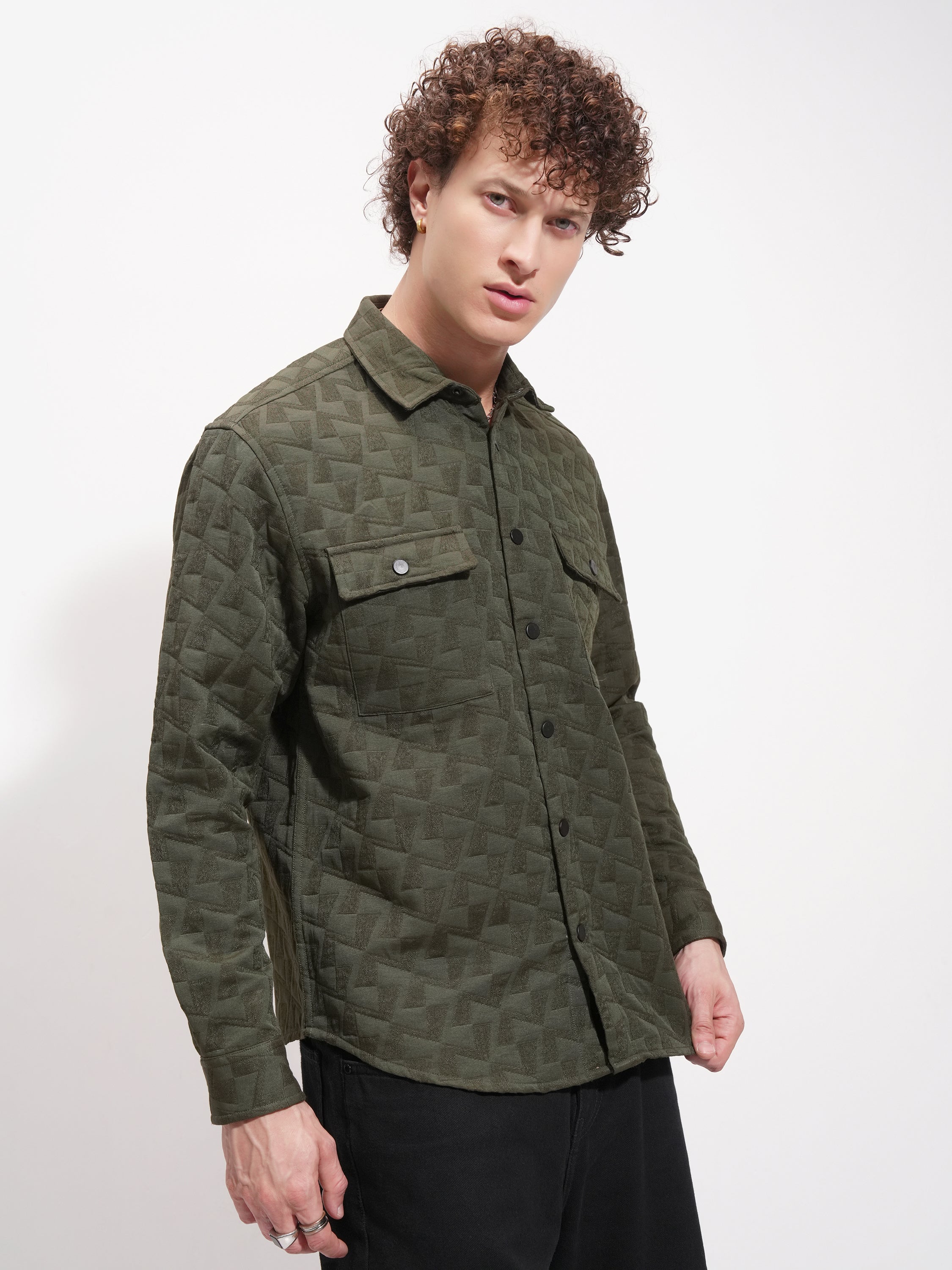 Highlander Men Olive Self Design Relaxed Fit Casual Shirt - Olive - Image 6