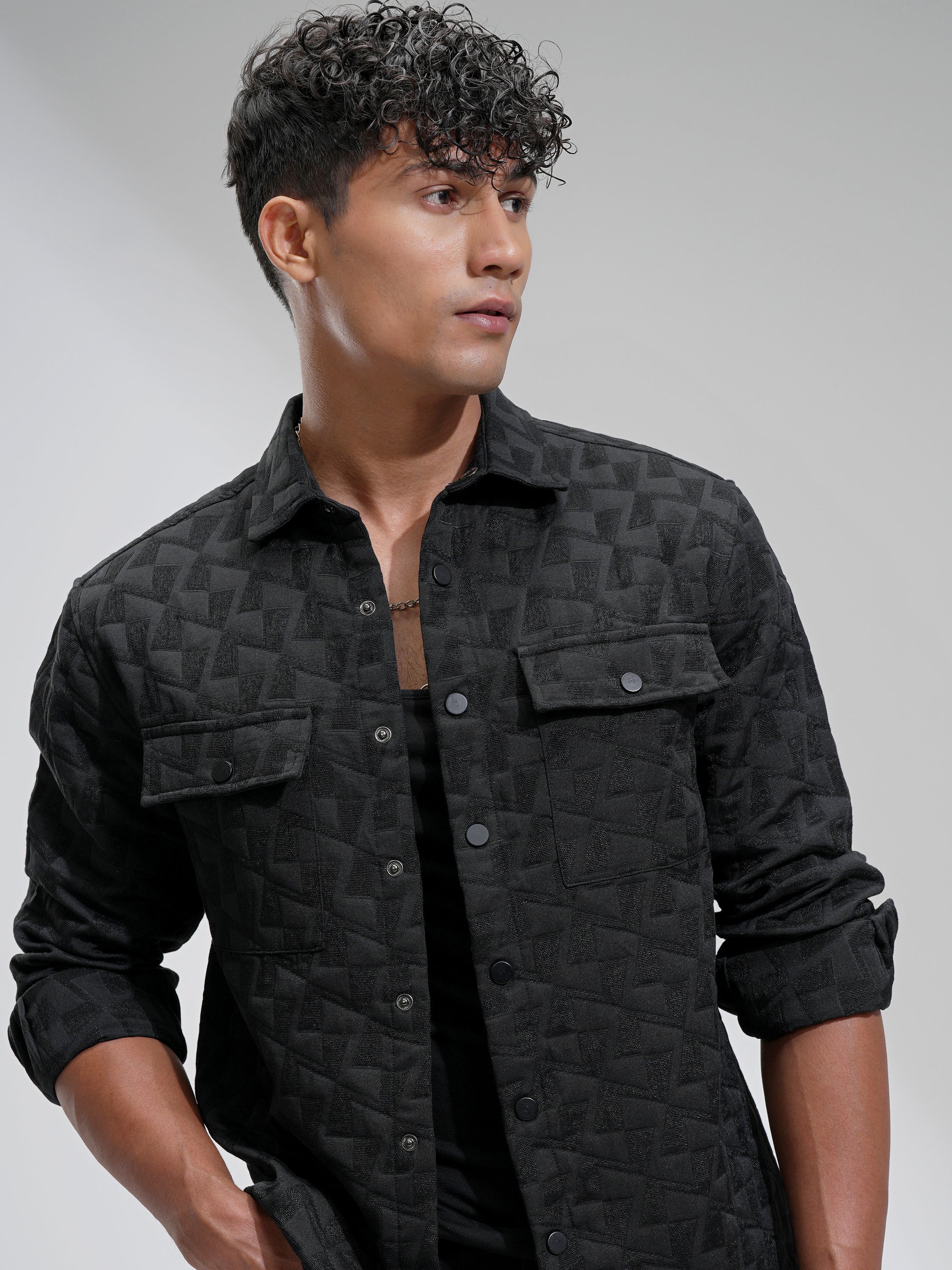Highlander Men Black Self Design Relaxed Fit Casual Shirt - Black - Image 1