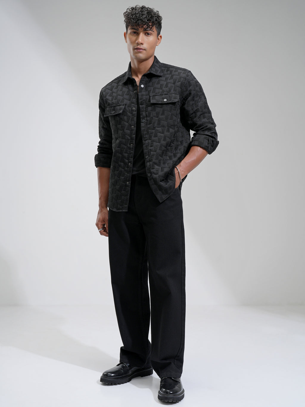 Highlander Men Black Self Design Relaxed Fit Casual Shirt - Black - Image 2