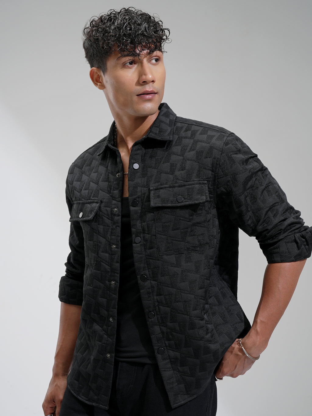Highlander Men Black Self Design Relaxed Fit Casual Shirt - Black - Image 4