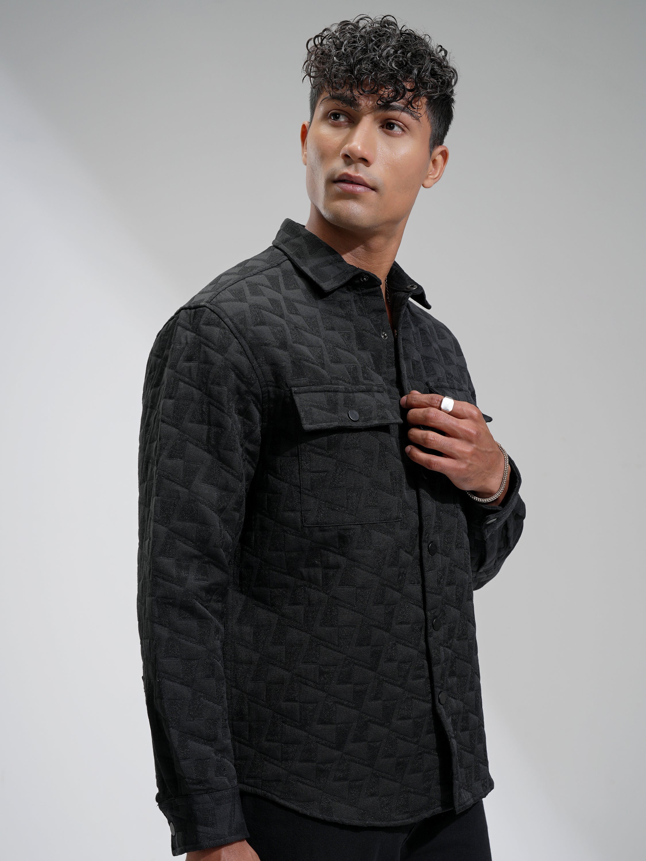 Highlander Men Black Self Design Relaxed Fit Casual Shirt - Black - Image 6