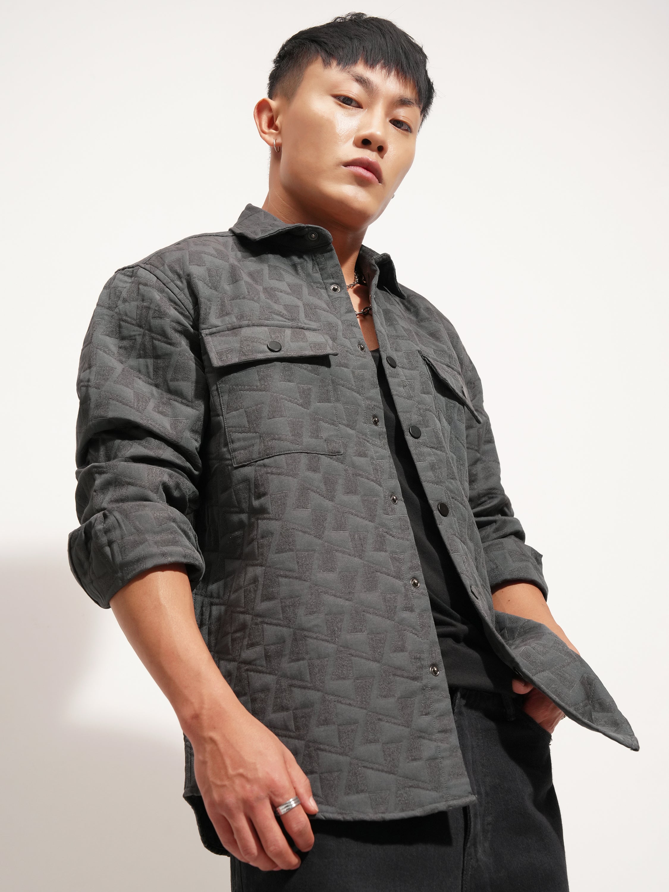 Highlander Men Grey Self Design Relaxed Fit Casual Shirt - Grey - Image 6