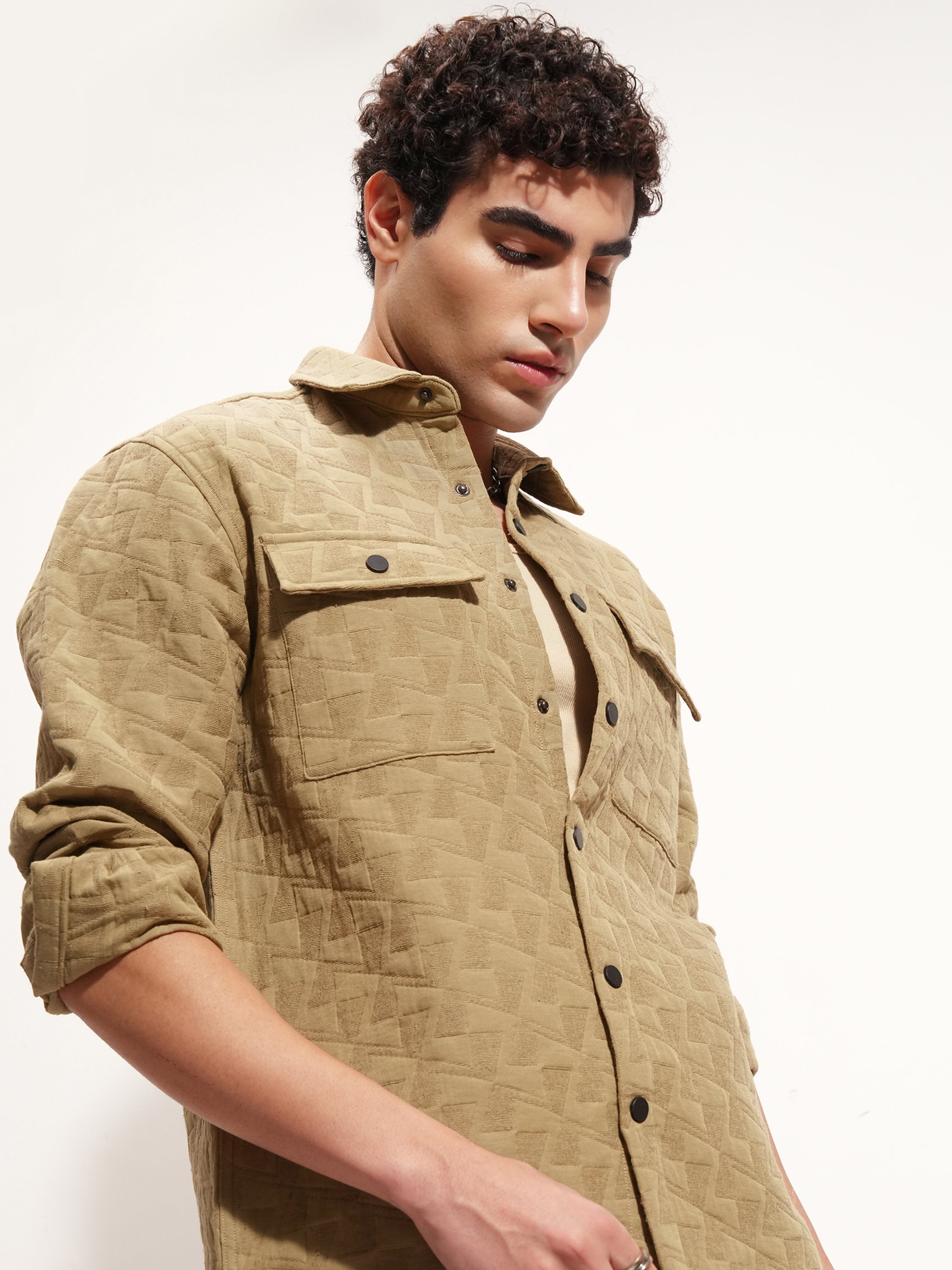 Highlander Men Khaki Self Design Relaxed Fit Casual Shirt - Khaki - Image 1